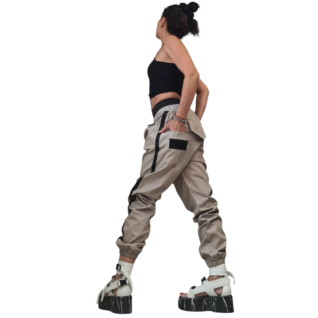 Beige Cargo Jogger Pants, Drop Crotch Trousers, Black Side Stripes, Elastic Waist, Multiple Pockets