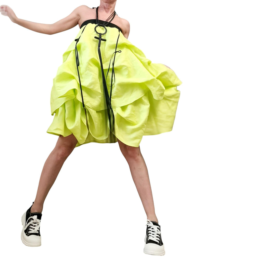 Lime Linen Layered Circle Skirt – Voluminous Avant Garde Design Womens Statement Clothing