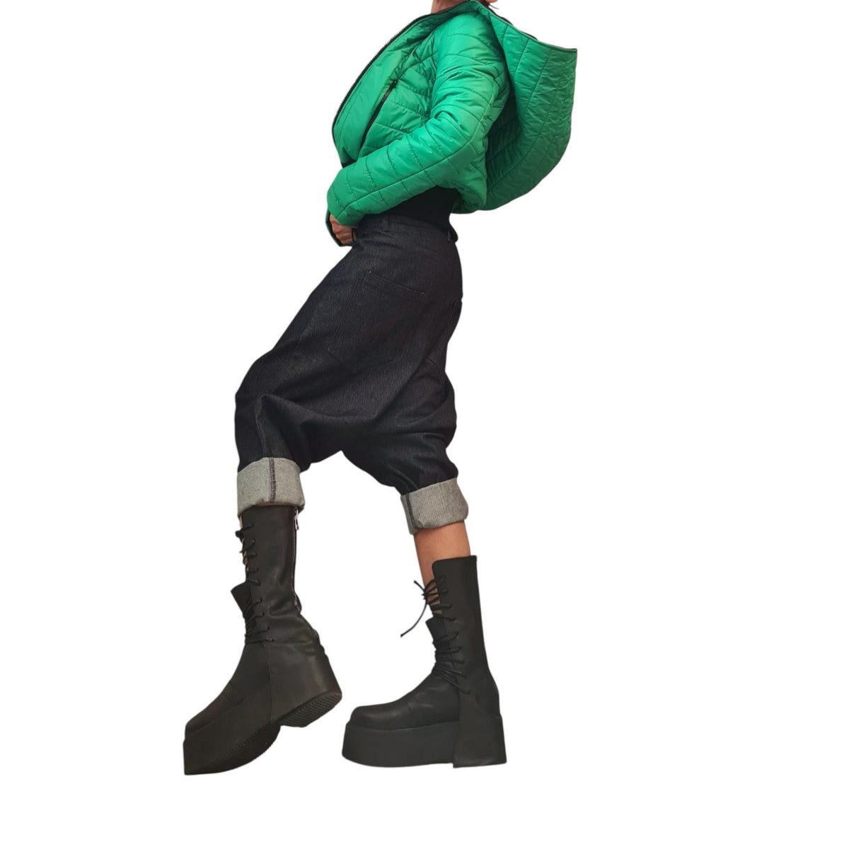 Green Cropped Puffer Jacket, Oversized Big Hood Bomber, Quilted Short Winter Coat