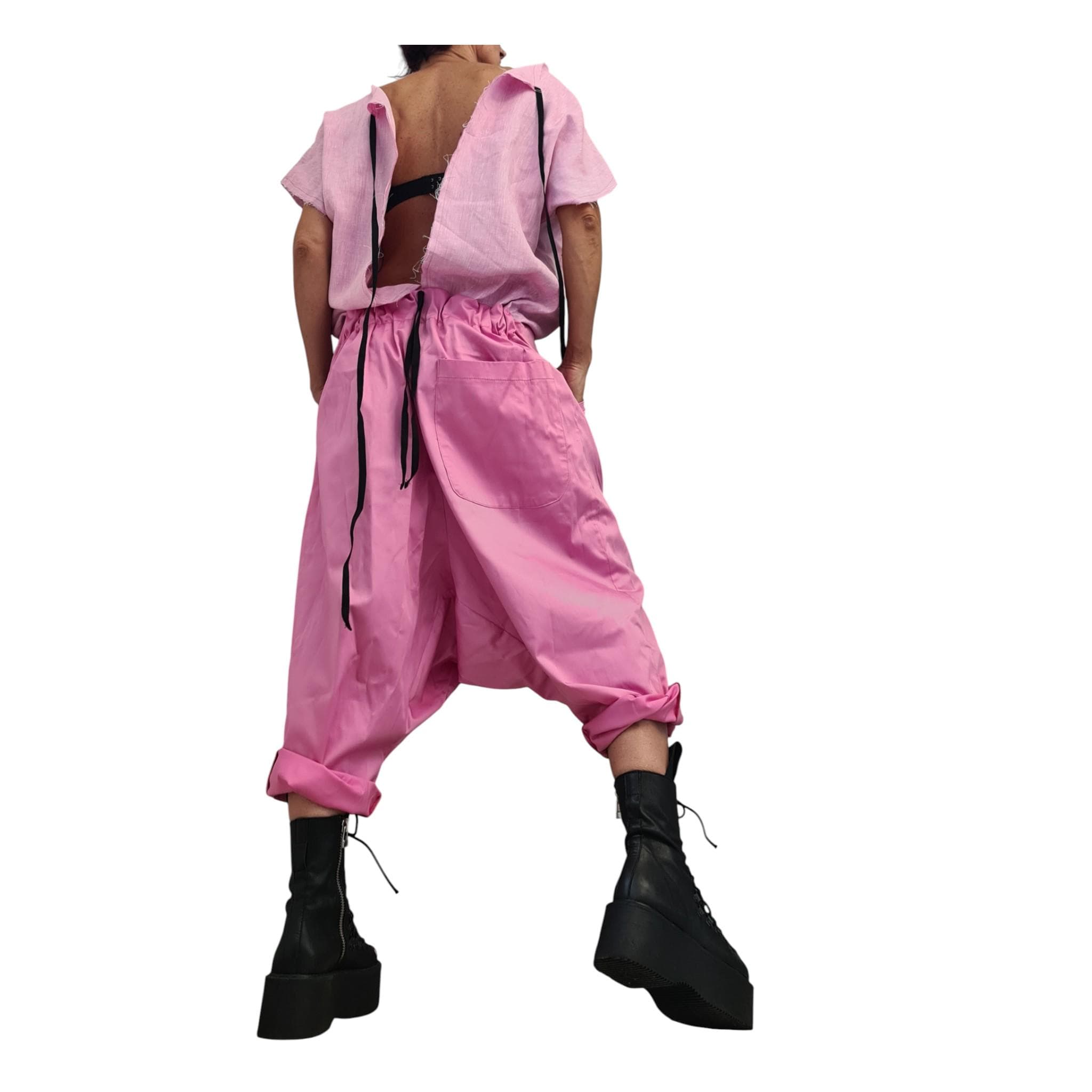 White Linen Harem Jumpsuit, Open Back Drop Crotch Overall, Sleeveless Loose Summer Romper