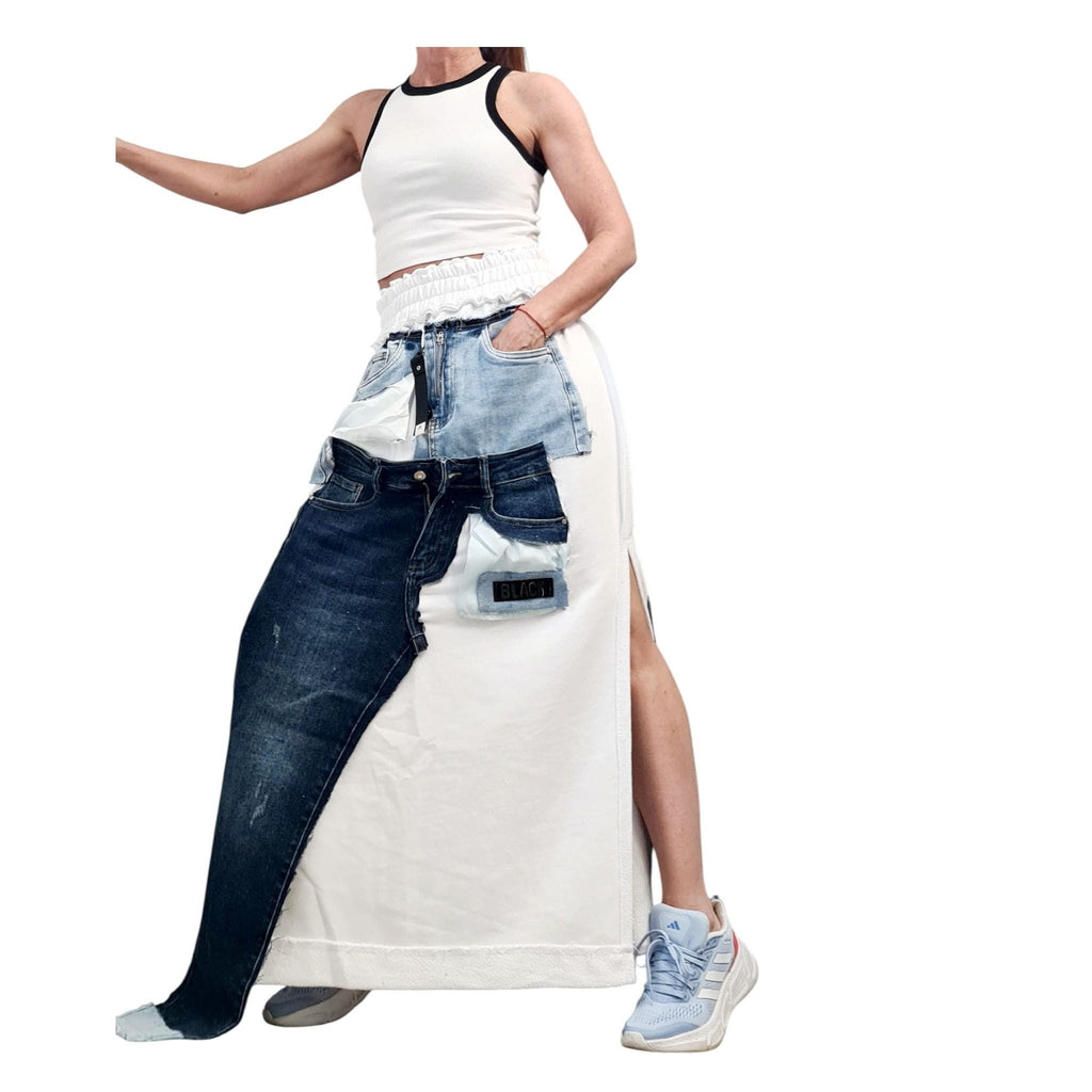 White Maxi Skirt, Cotton with Denim Details, Asymmetric Design with External Seams