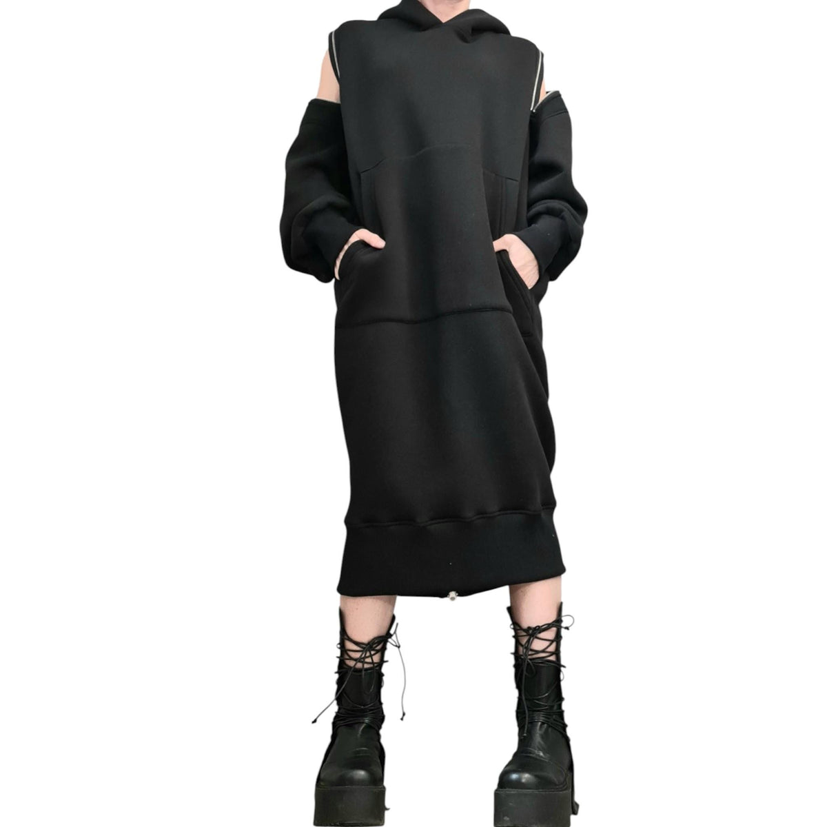 Black Hooded Sweatshirt Dress, Extravagant Plus Size Clothing