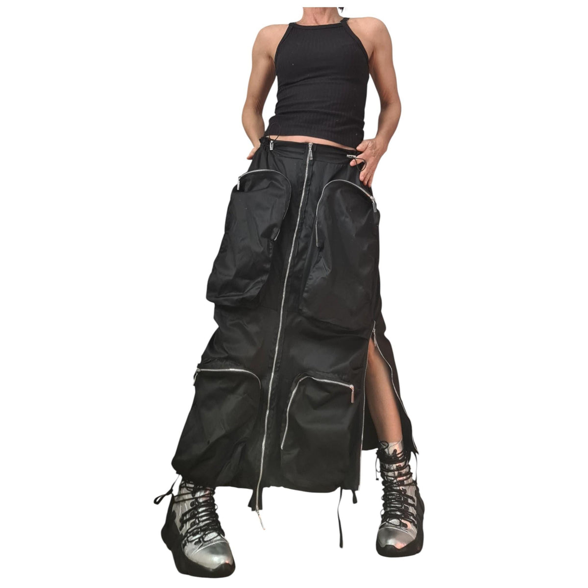 Black Cotton Satin Long Skirt | Deconstructed Cargo Pockets | Gothic Avant Garde Style
