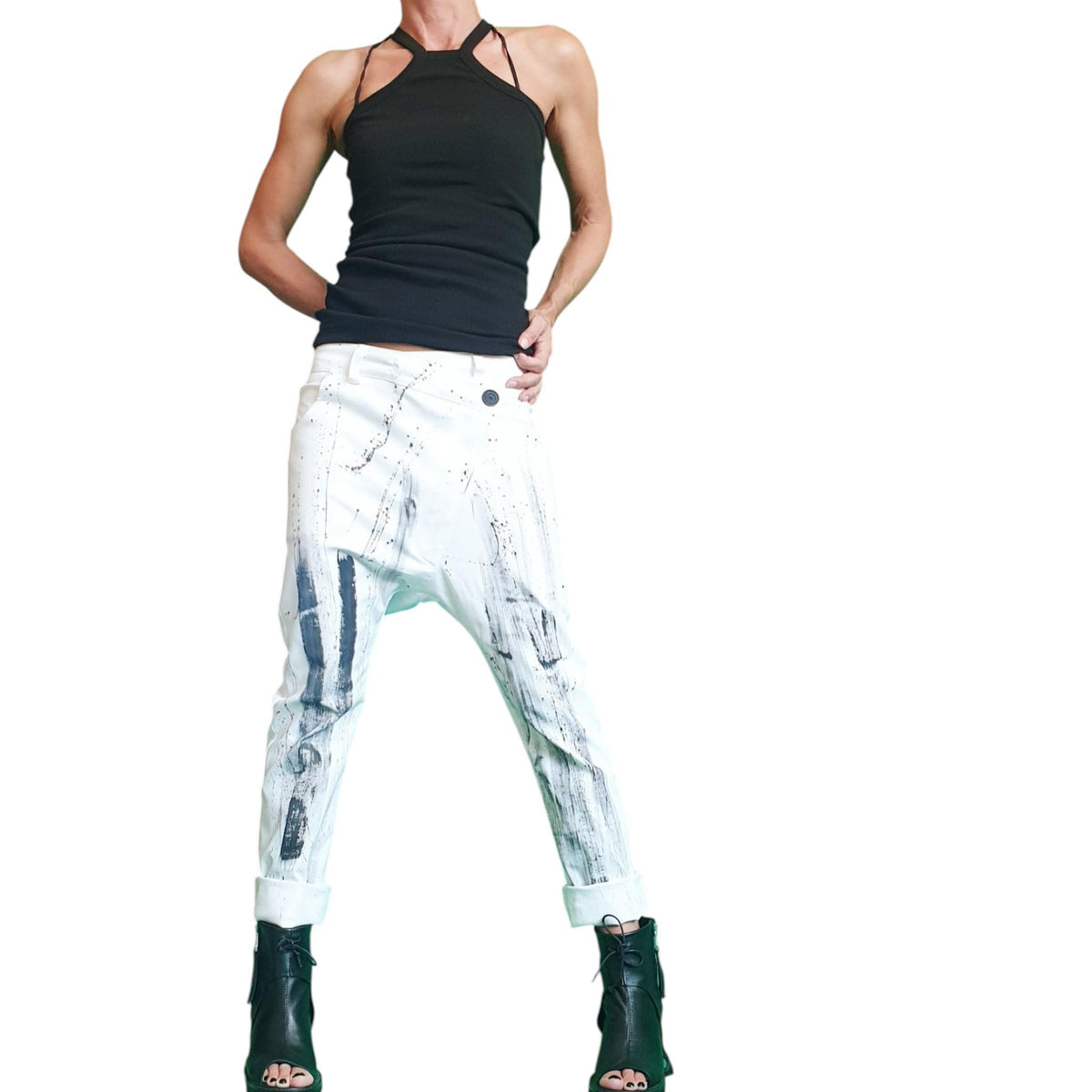 Extravagant White Drop Crotch Pants, Loose Cotton Trousers, Asymmetric Fit