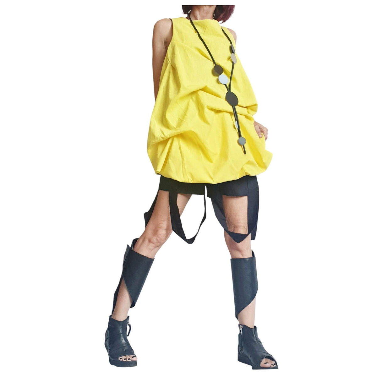 Yellow Linen Tunic, Sleeveless Asymmetric Top, Open Back Loose Fit, Oversized