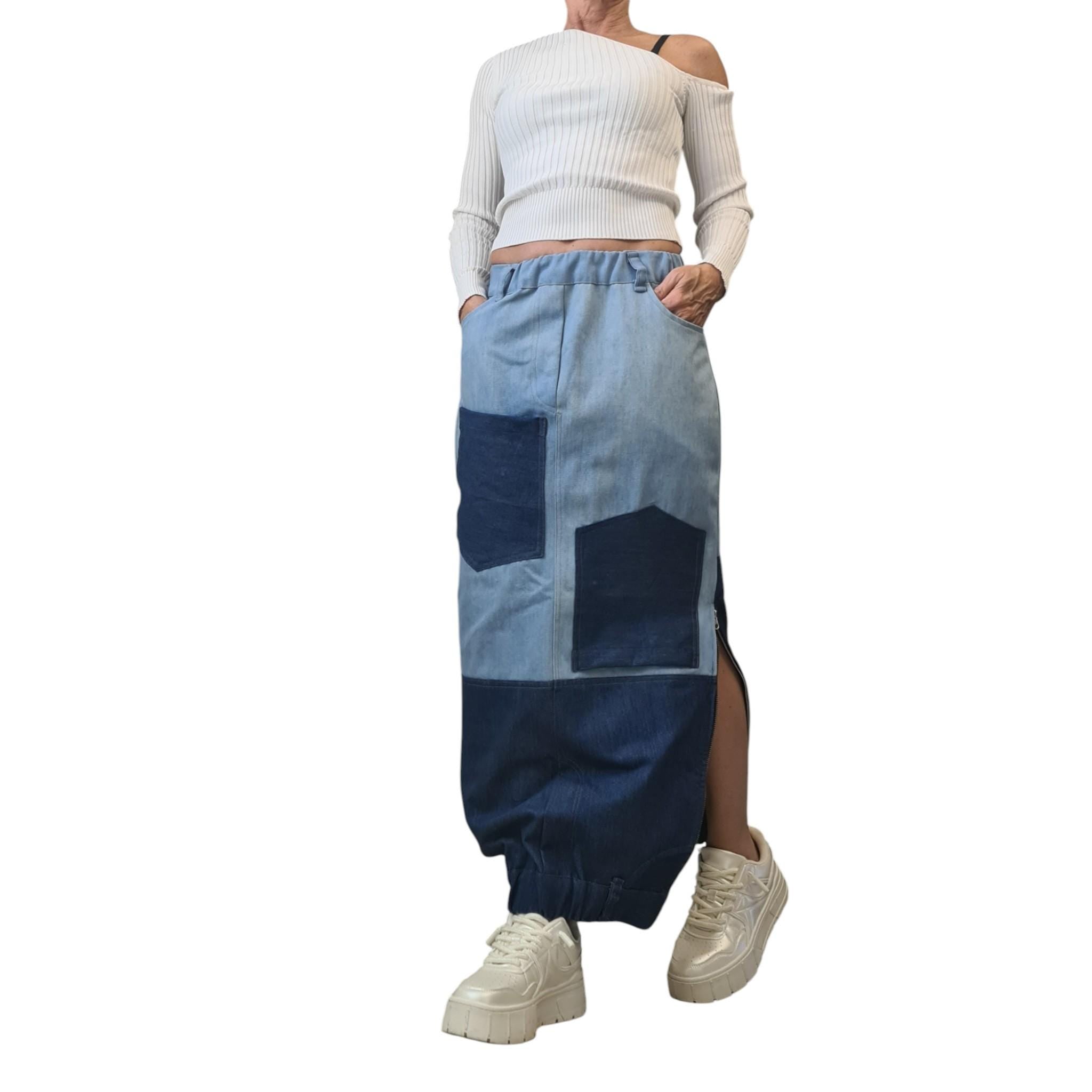 Reversible Two-Tone Denim Maxi Skirt | Handmade Patchwork Skirt, Women’s Clothing