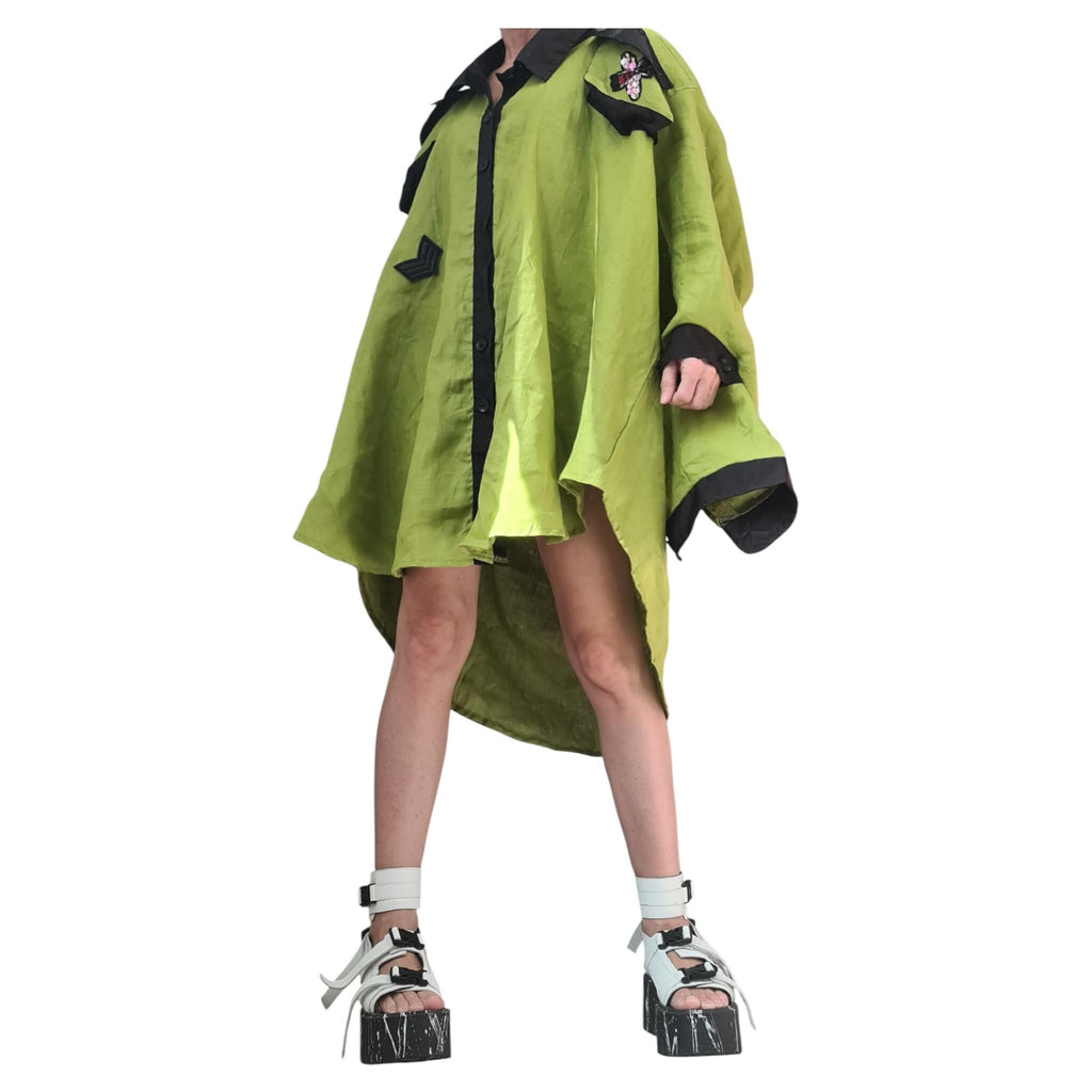 Pistachio Linen Asymmetric Tunic, Oversized Avant Garde Top, Open Back Collar Shirt, Cargo Pocket