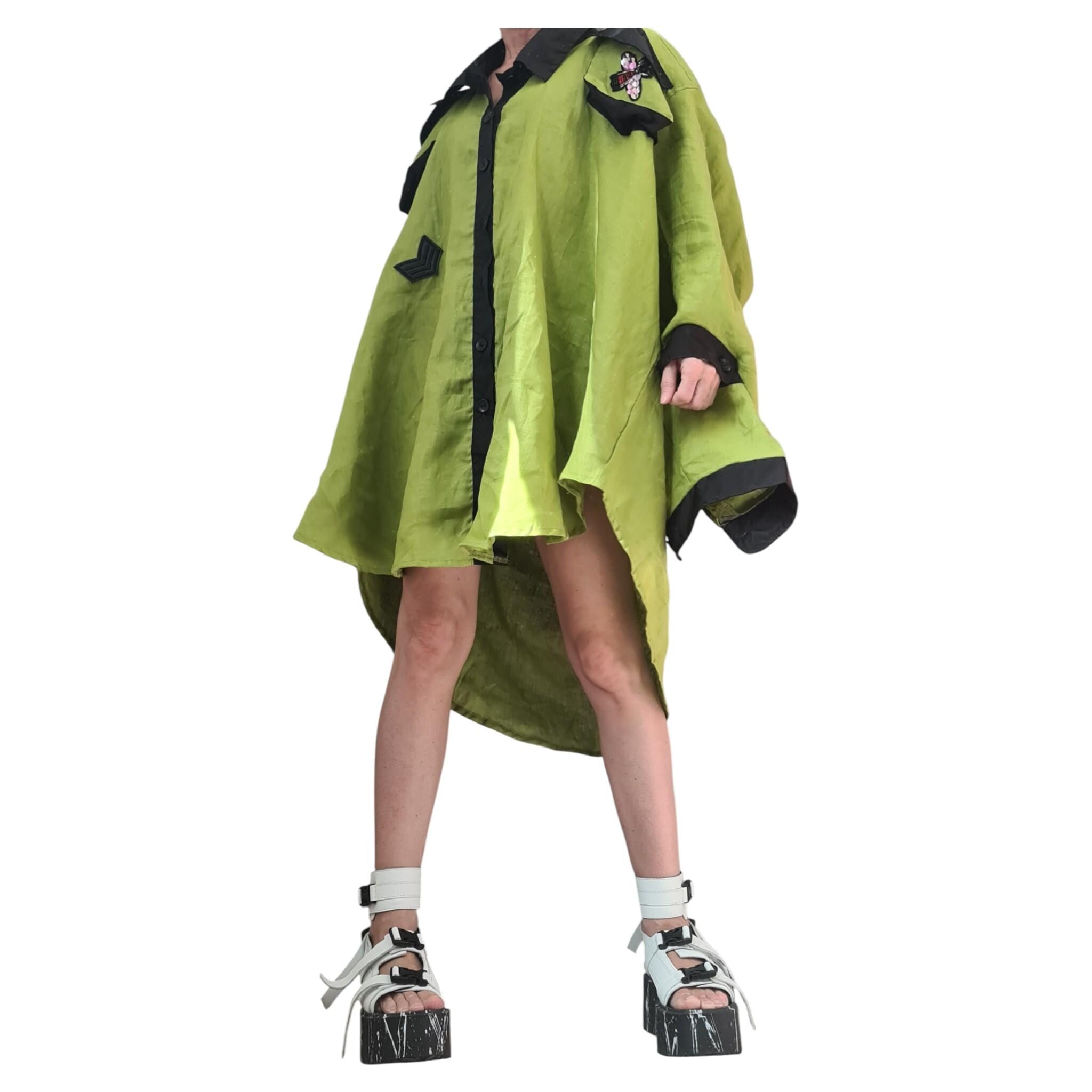 Pistachio Linen Asymmetric Tunic, Oversized Avant Garde Top, Open Back Collar Shirt, Cargo Pocket