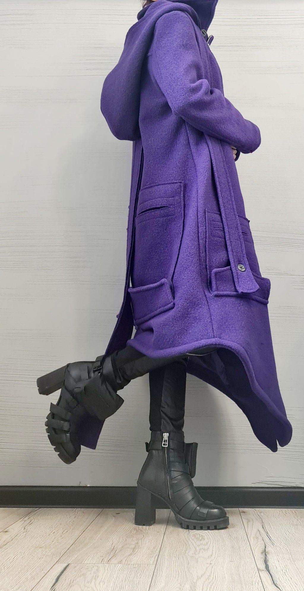 Purple Asymmetric Wool Coat, Long Hooded Jacket with Oversized Patch Pockets, Plus Size