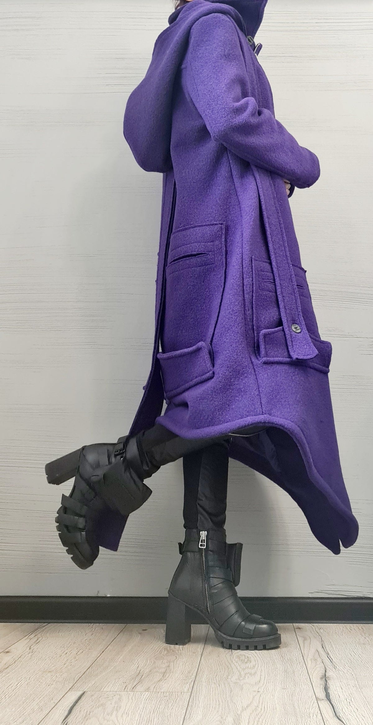 Purple Asymmetric Wool Coat, Long Hooded Jacket with Oversized Patch Pockets, Plus Size