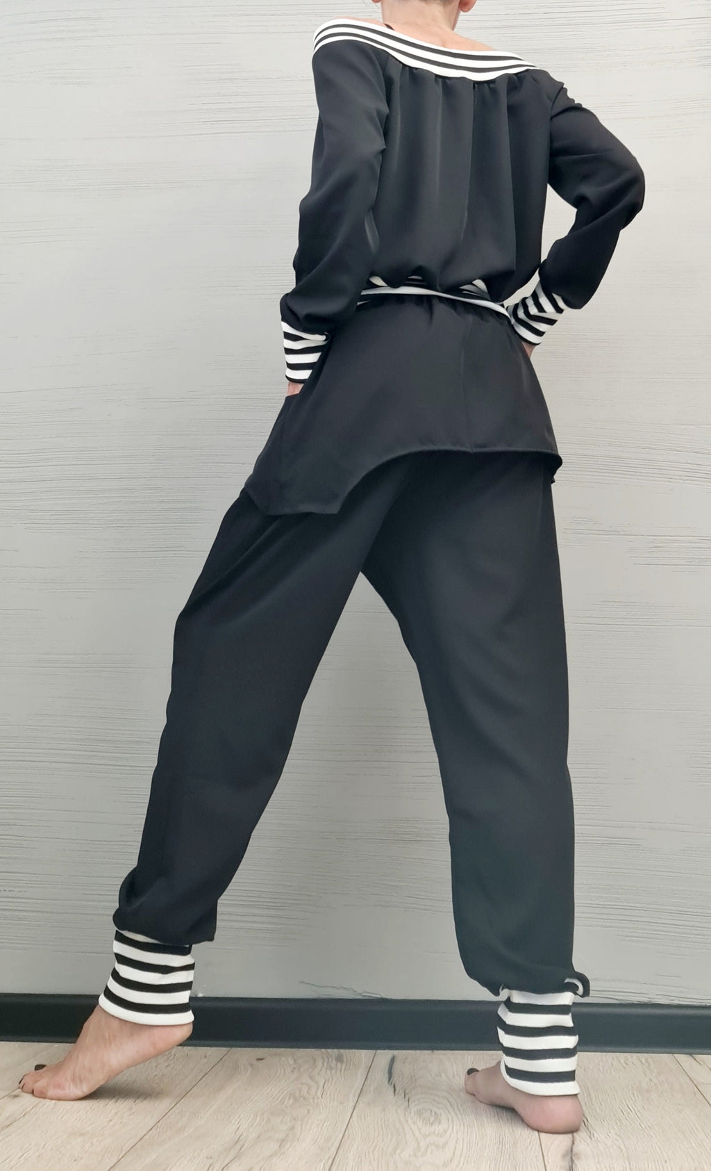 Black Tapered Harem Pants, Asymmetrical Skirt Overlay, Off Shoulder Blouse