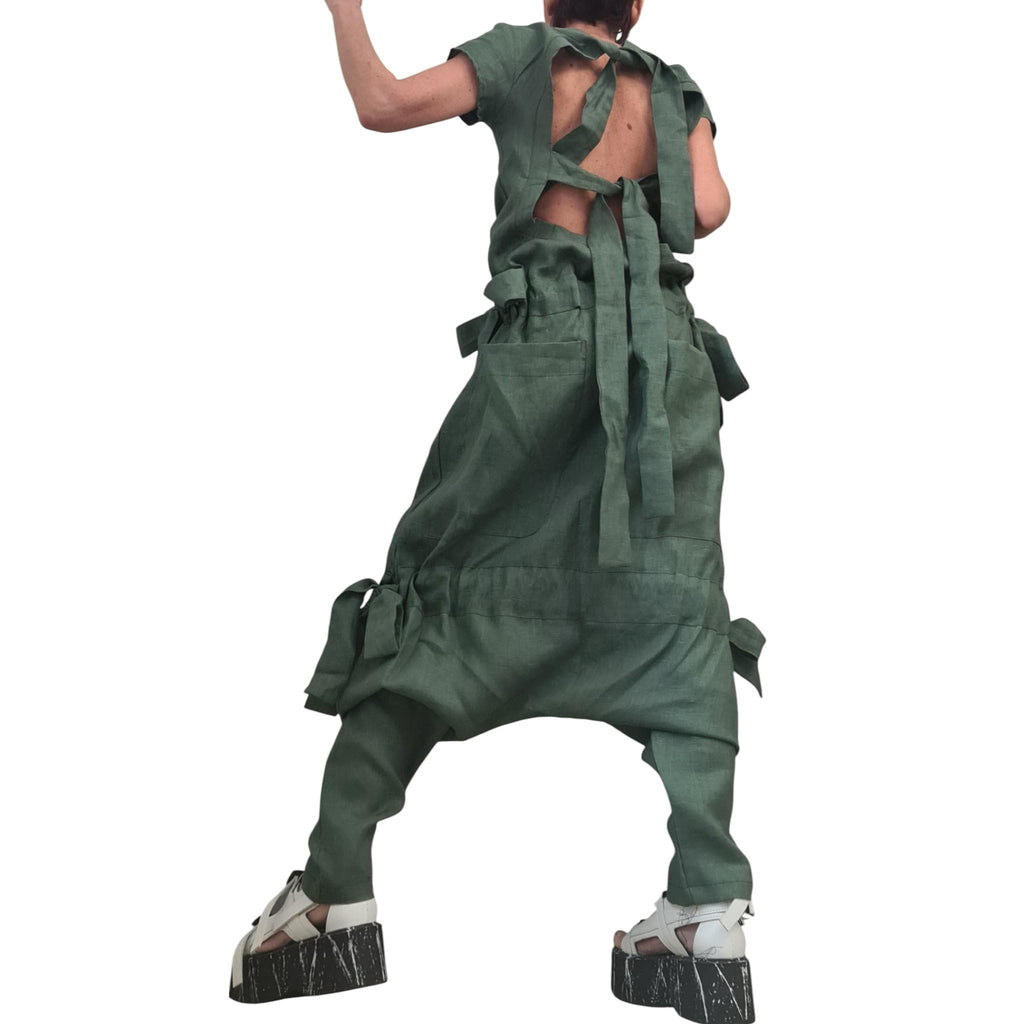 Olive Oil Asymmetric Linen Woman Jumpsuit, Wide Leg Harem Sleeveless Loose Overall
