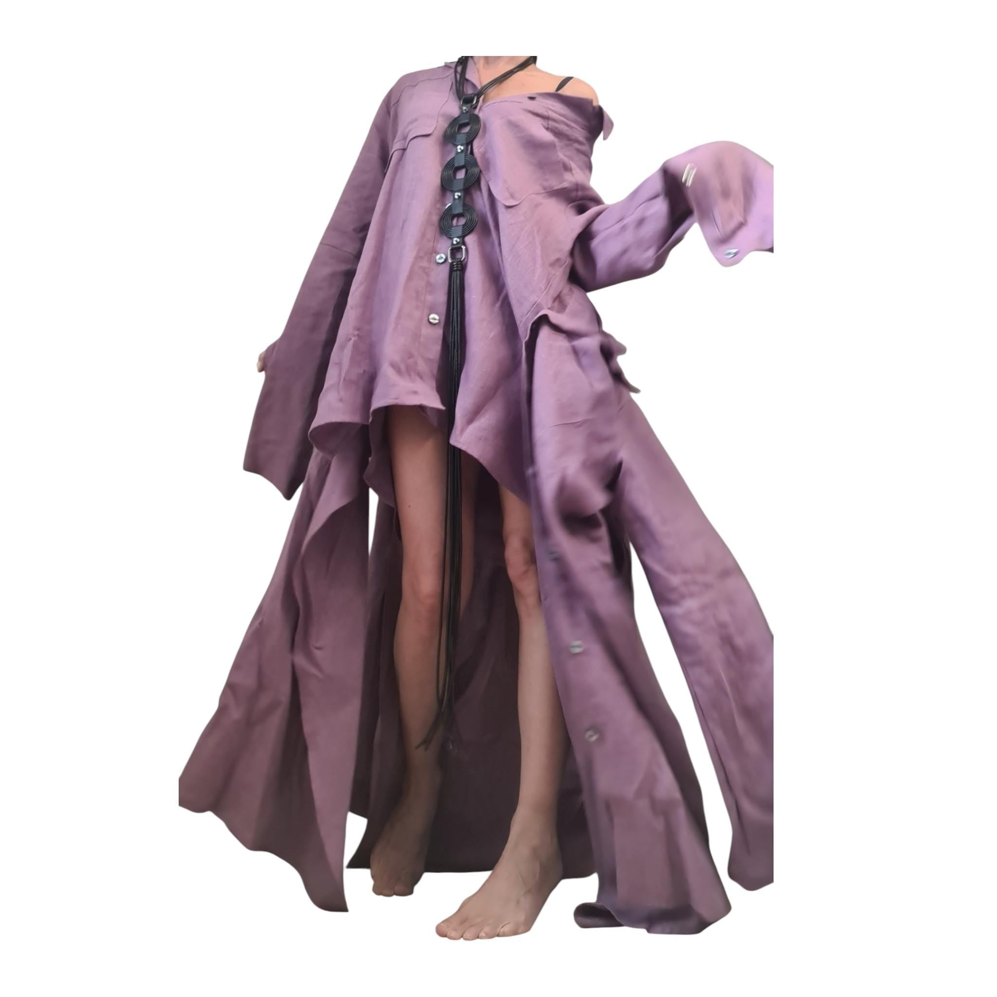 Lavender Linen Shirt,  Asymmetric Long Kaftan