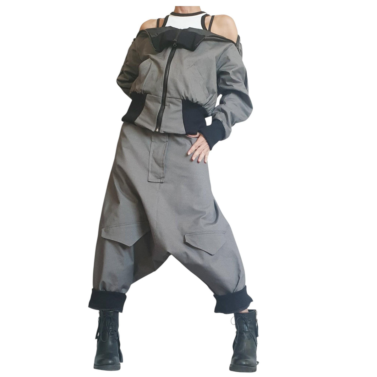 Grey Cropped Winter Bomber Jacket, Off Shoulder Neckline, Back Zip Opening