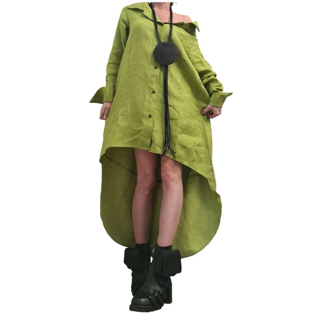 Pistachio Linen Shirt Dress with Neoprene Corset, High Low Hem, Asymmetric Handmade Tunic Dress