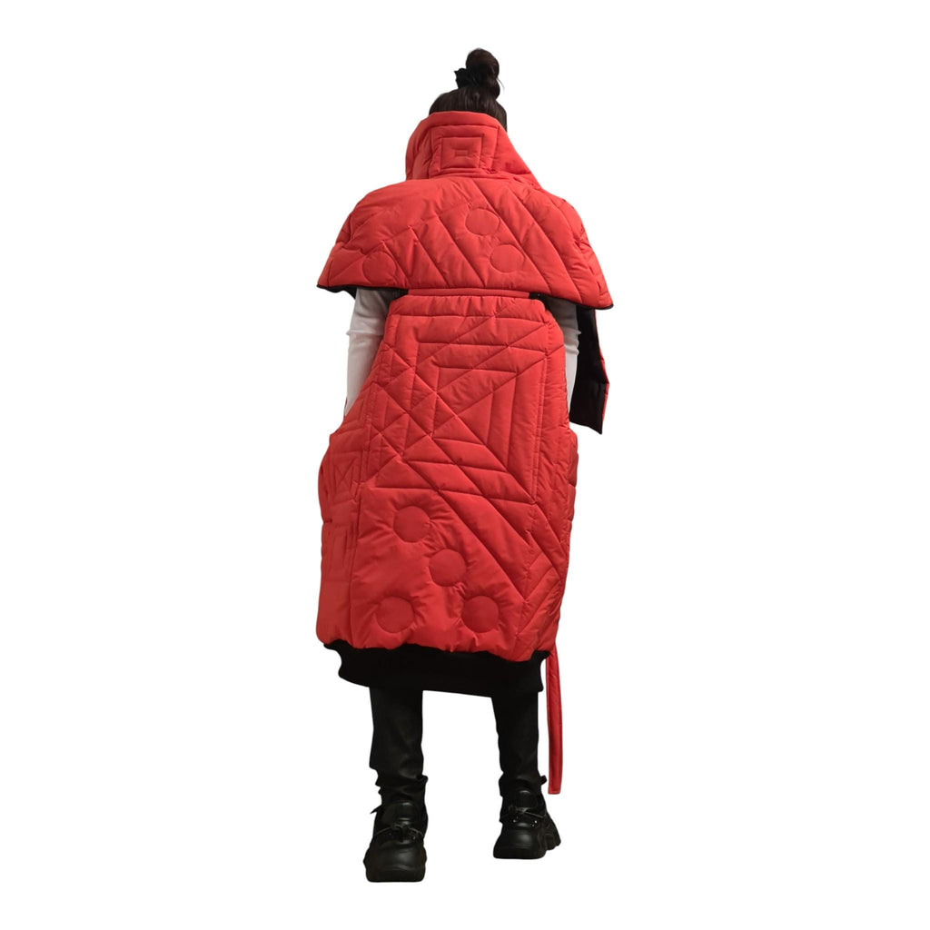 Orange Black Color Block Puffer Vest, Long Sleeveless Jacket, Asymmetric Quilted Gilet