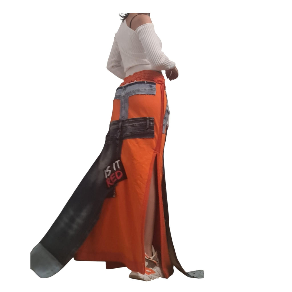 Orange Extravagant Long Skirt, Cotton Denim, Deconstructed Avant Garde Skirt Outside Seam