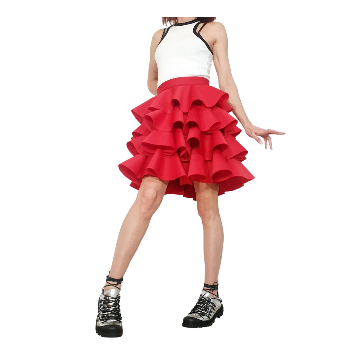 Red Neoprene Circle Skirt, Asymmetric Ruffle Ball