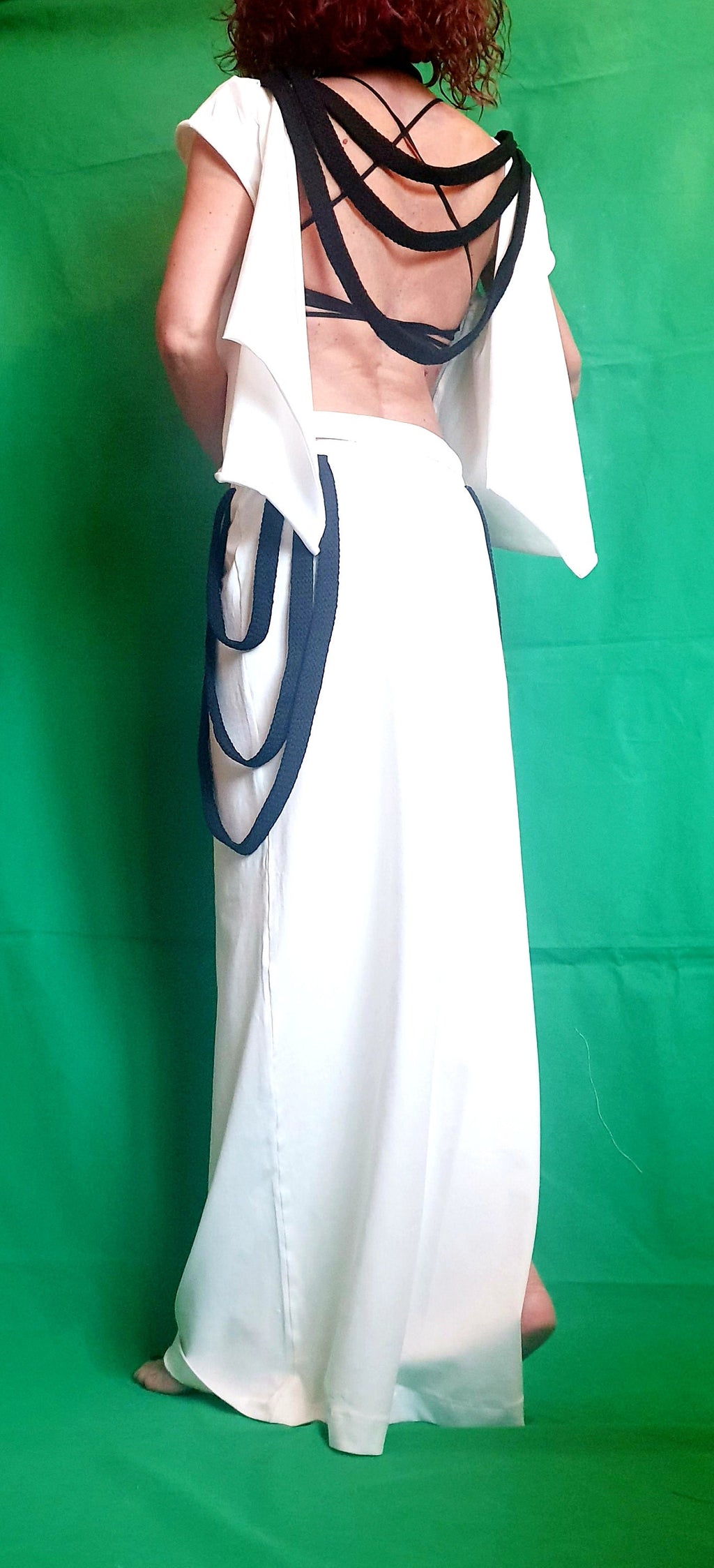 White Black Asymmetrical Open Back Blouse, High Waist Maxi Skirt, Two Piece Co-Ord Set