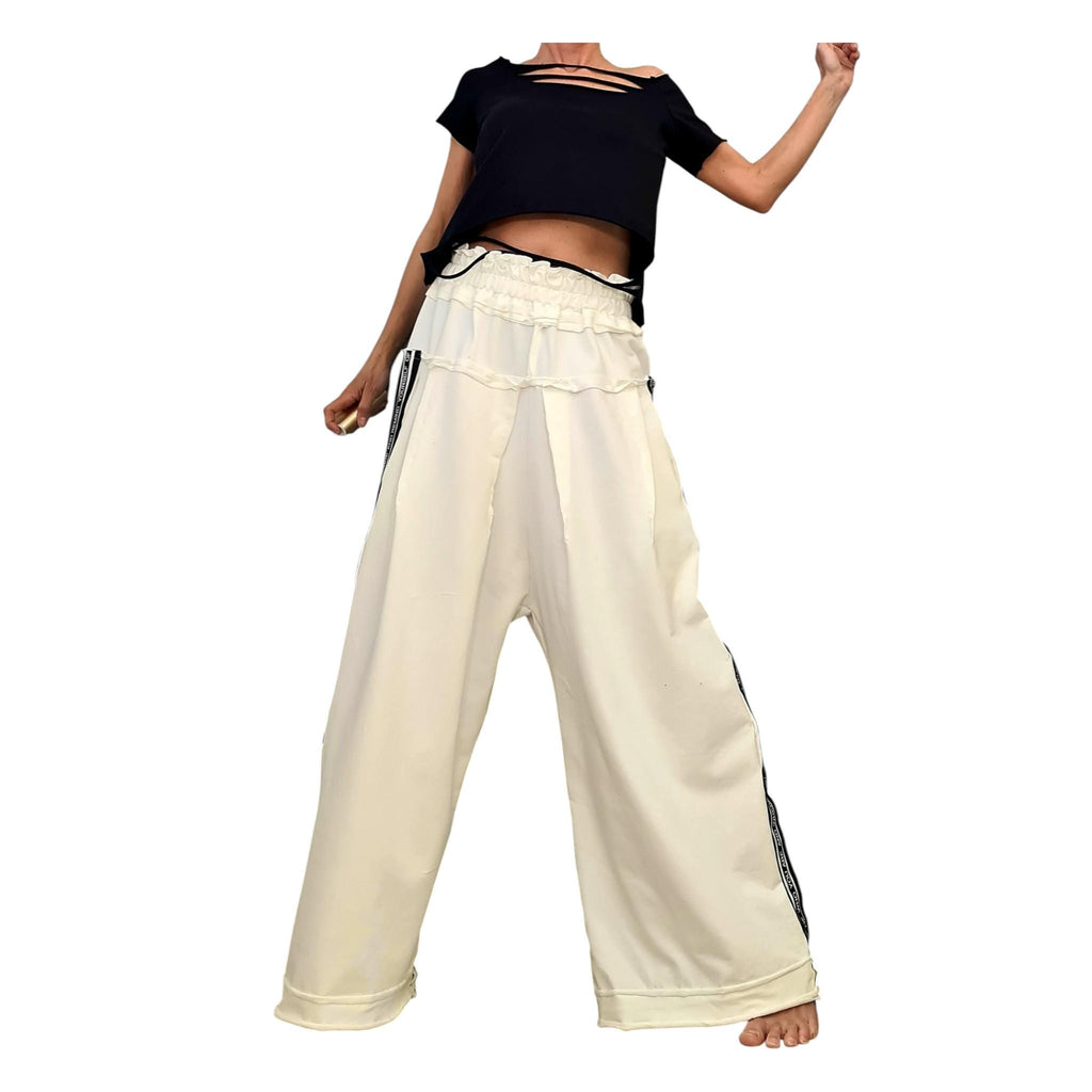 Ivory French Terry Wide Leg Pants, Relaxed Cotton Trousers, Elastic Waist