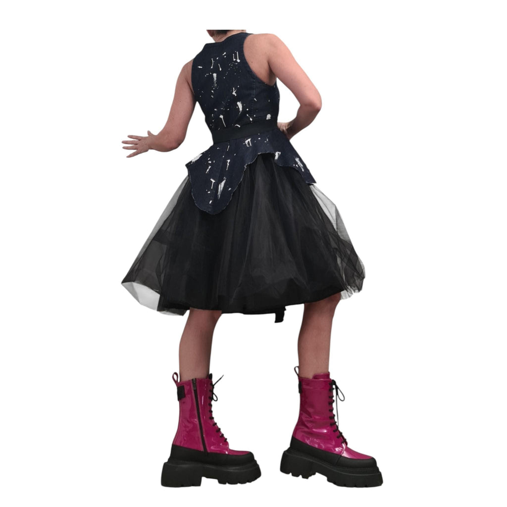 Asymmetric Denim Tulle Dress, Sleeveless Party Dress, Extravagant Design