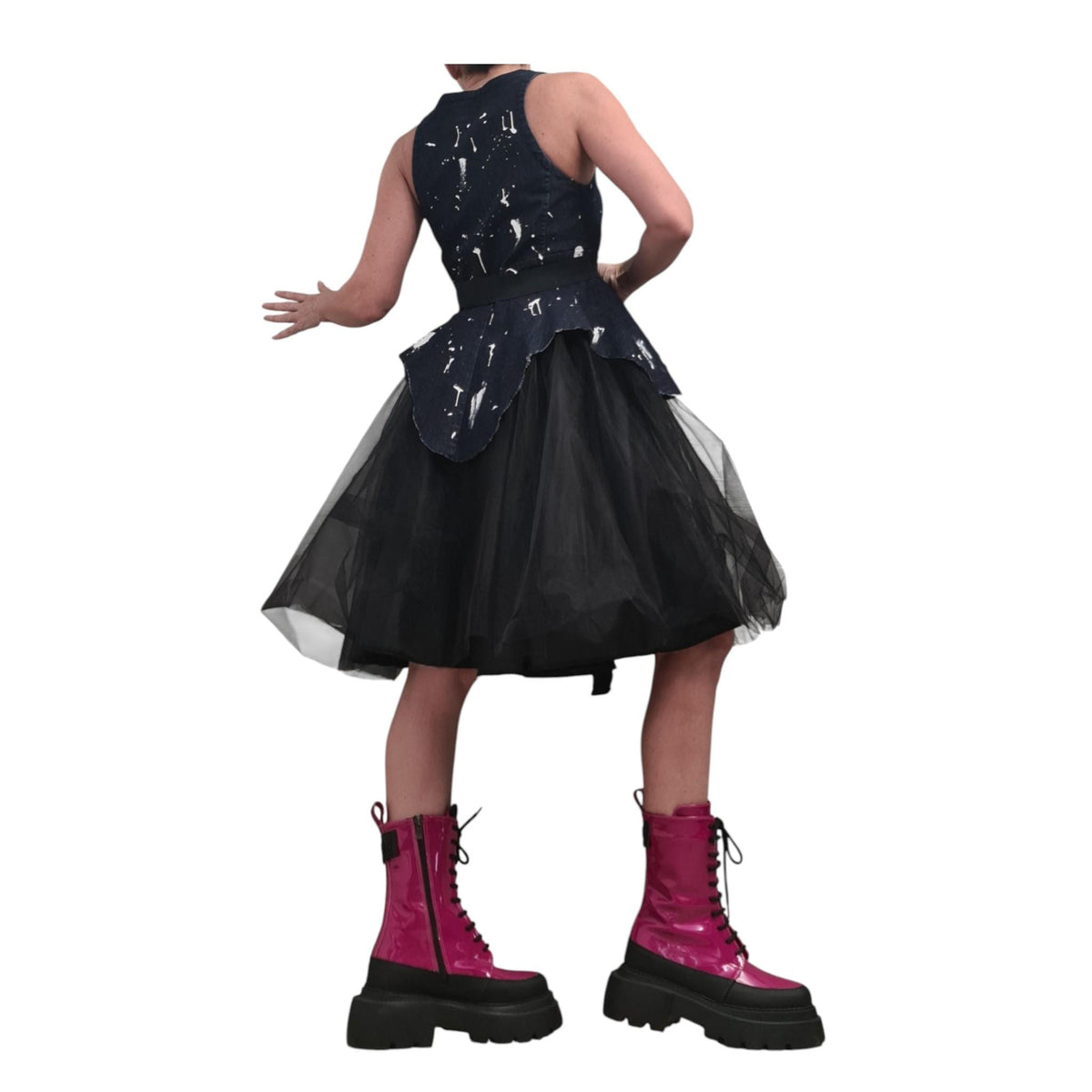 Asymmetric Denim Tulle Dress, Sleeveless Party Dress, Extravagant Design