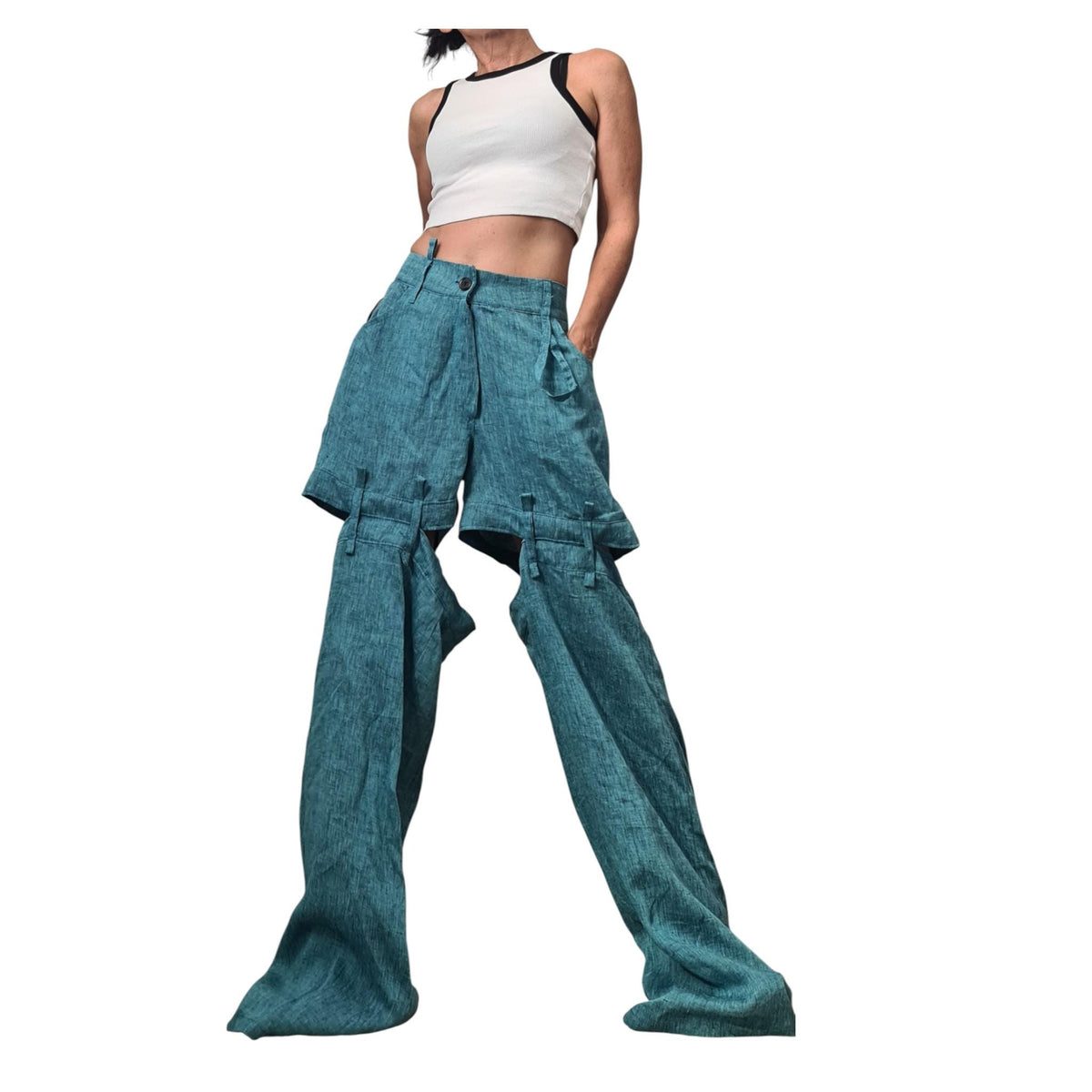 Turquoise Linen Pants for Women, Boho Drop Crotch Trousers, Layered Summer Bottoms
