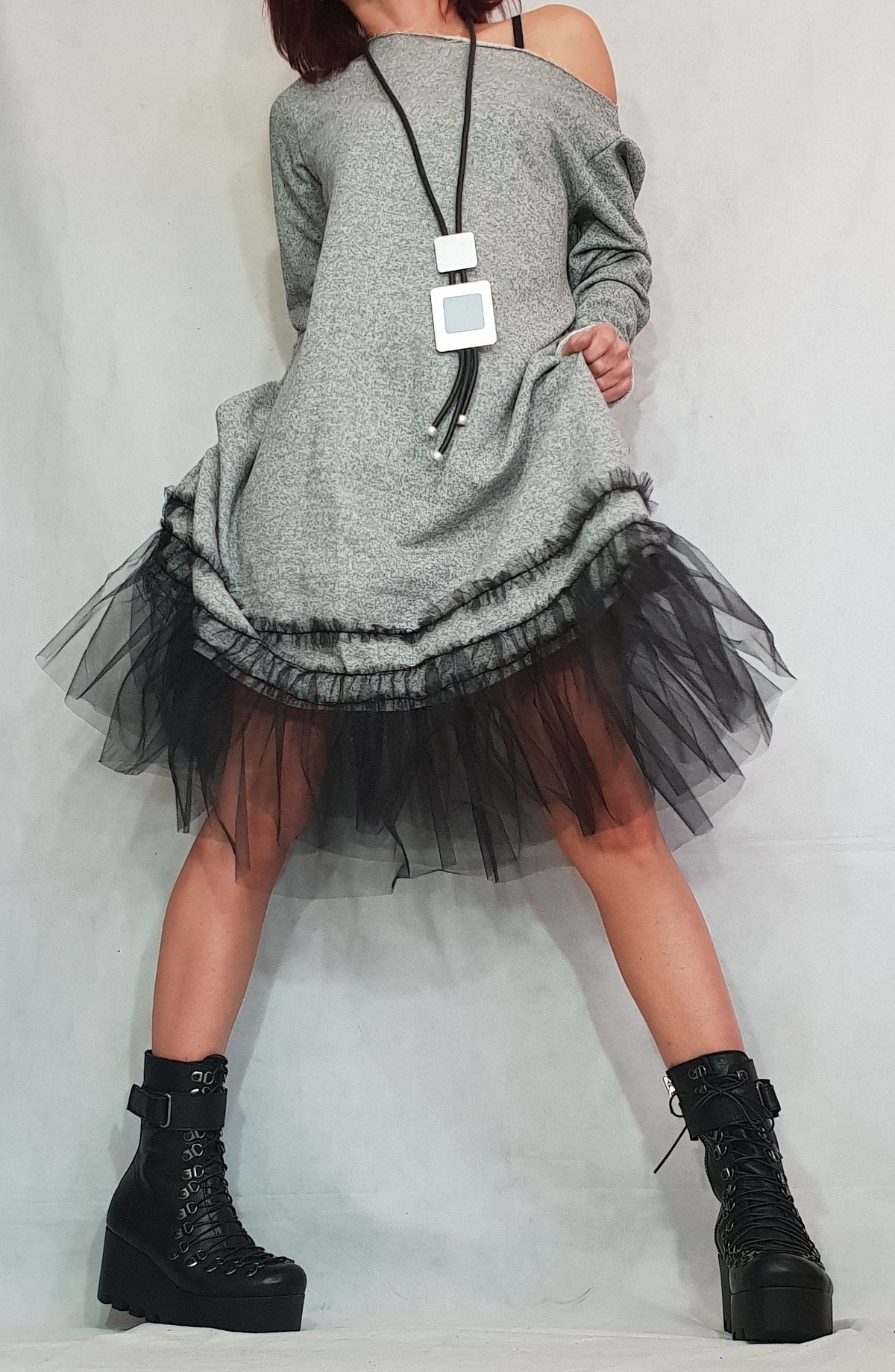 Asymmetrical Cotton Tunic Tulle Hem, Avant Garde Loose Dress, Steampunk Oversize Top, Long Sleeve