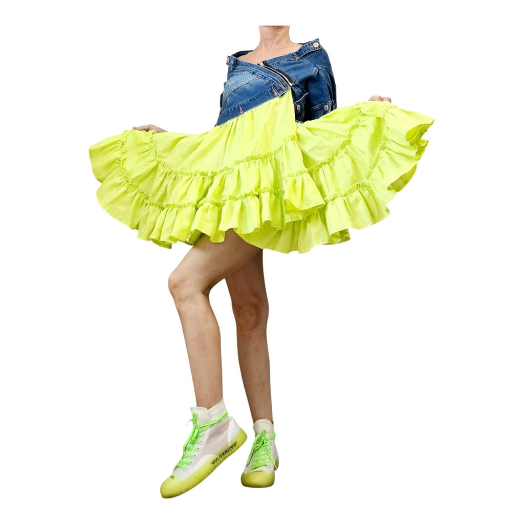 Off Shoulder Denim and Linen Dress for Women, Lime Ruffle Skirt, Asymmetric Oversize Clothing