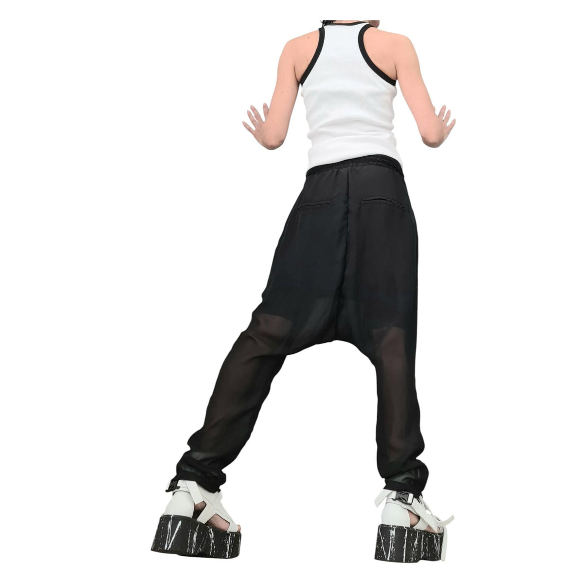 Black Chiffon Harem Pants, Sheer Overlay, French Terry Inner Shorts, Tapered Leg