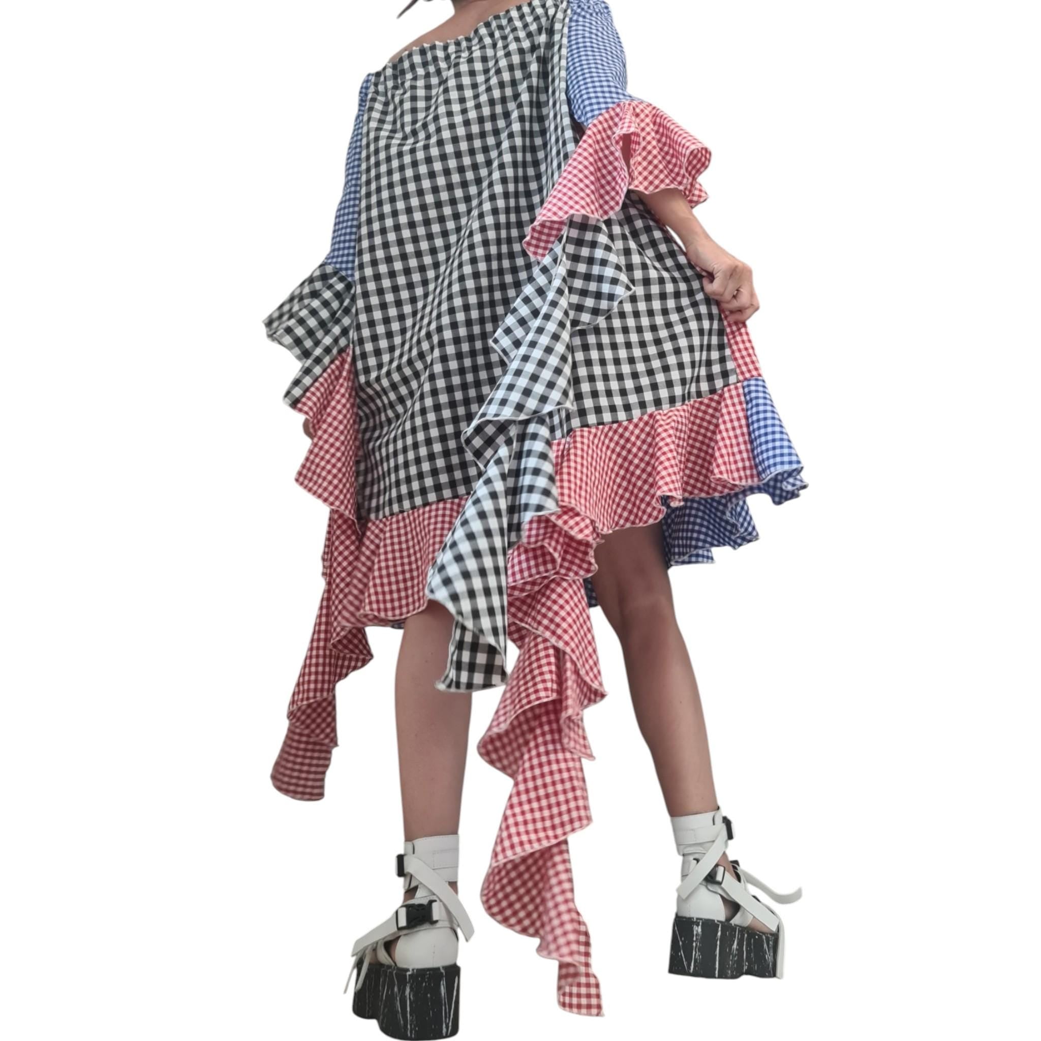 Extravagant Plaid Asymmetric Knee-Length Dress, Plus Size Cotton Dress