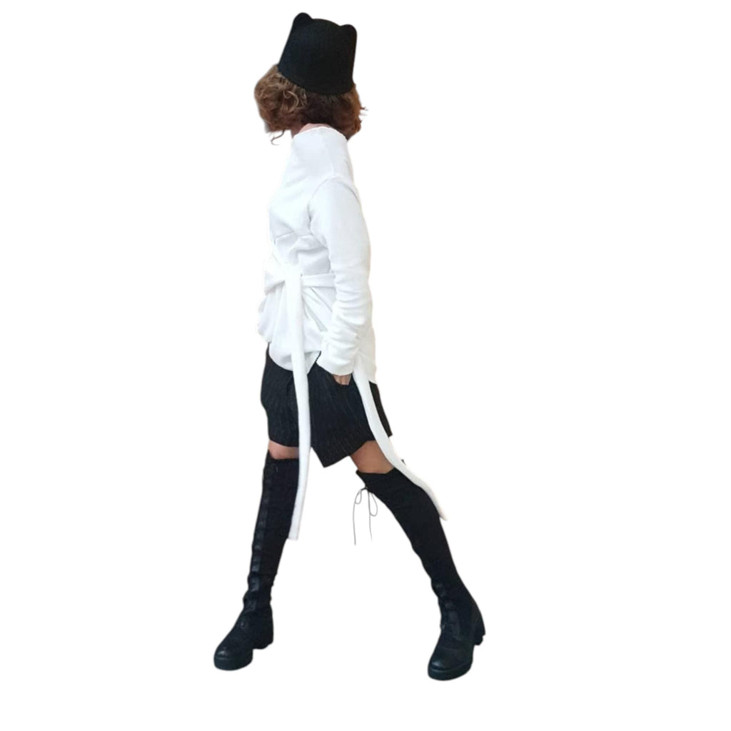 White Knitted Fitted Top, Avant Garde Blouse, Extravagant Design Women