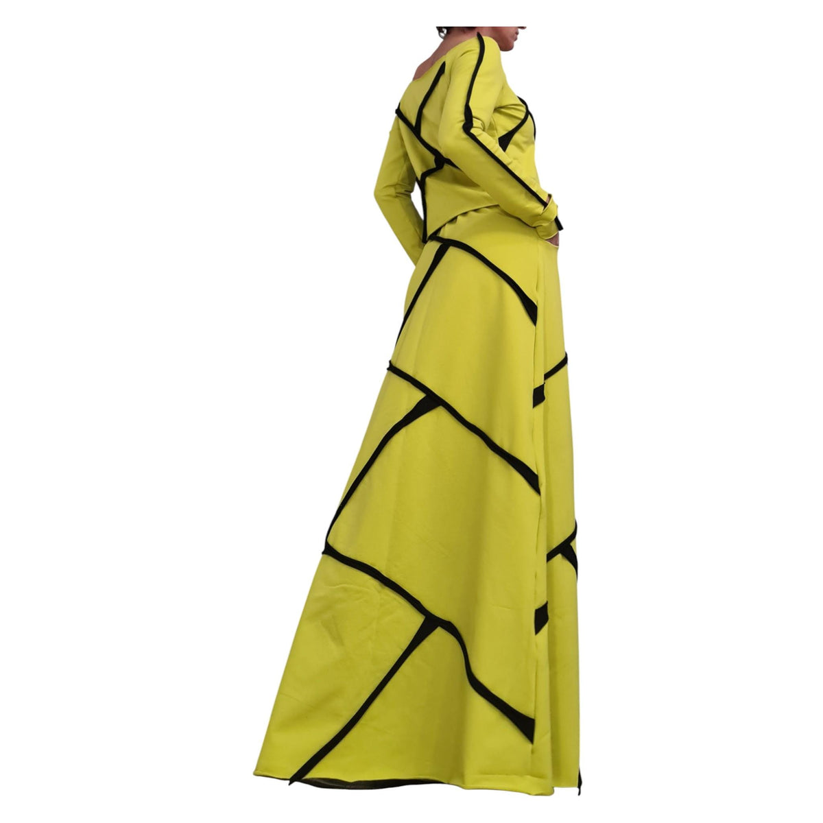 Pistachio Cotton High Waist Maxi Skirt, Asymmetrical Cropped Long-Sleeve Blouse, Contrast Trim, Co-Ord Set