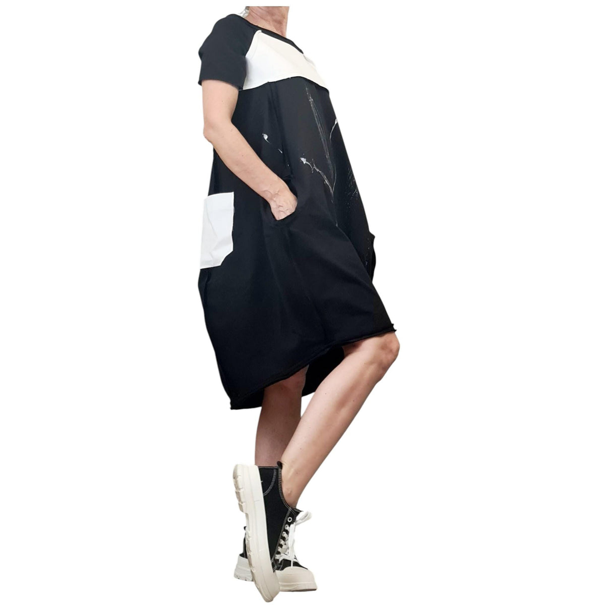 Avant Garde Black White Dress for Women, Asymmetric Cotton Denim Oversize One Shoulder Tunic