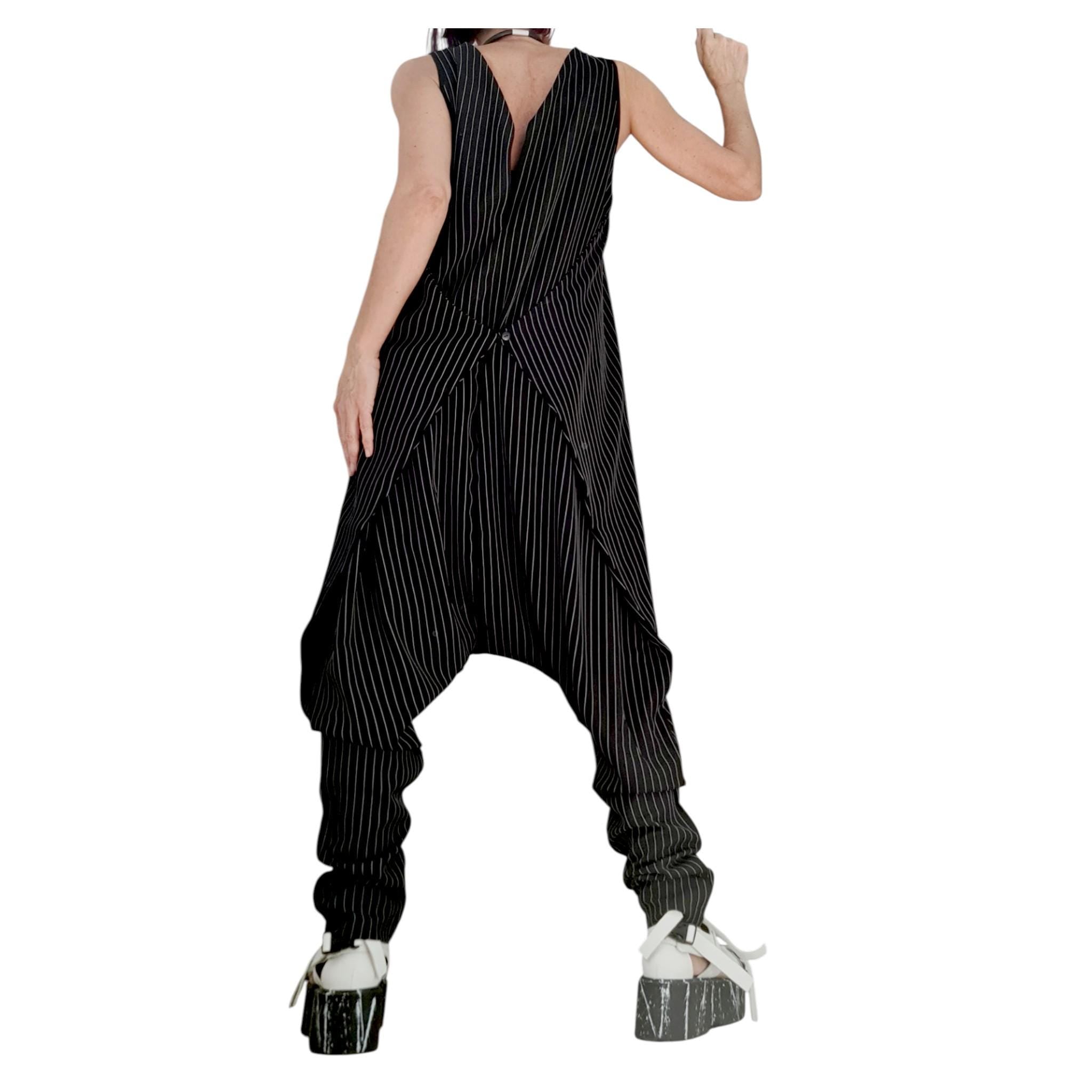 Asymmetric Black White Stripe Harem Jumpsuit, Gothic Wide Leg Sleeveless Overall for Women