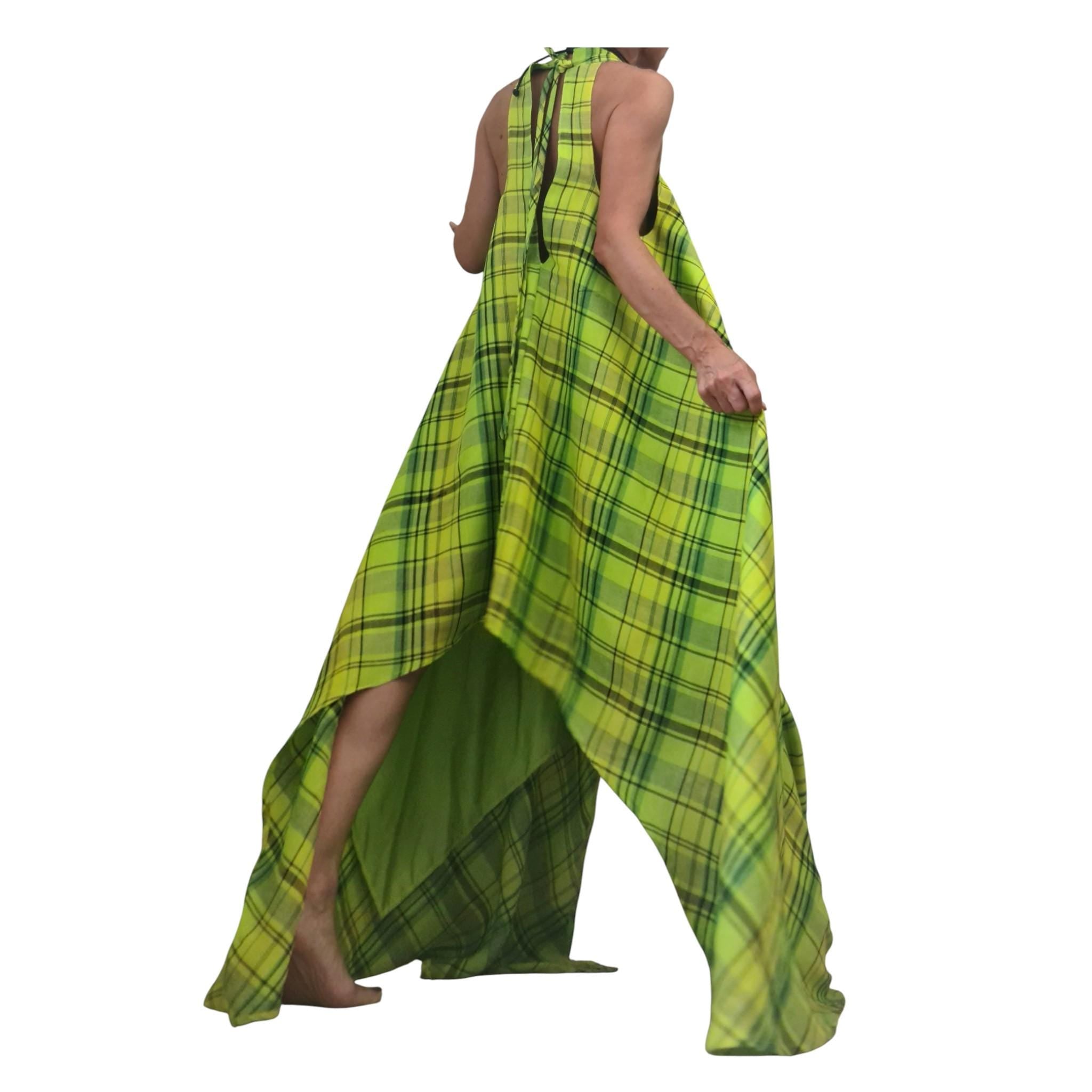 Lime Linen Asymmetric Dress for Women, Plaid Sleeveless Maxi Dress, Open Back Avant Garde