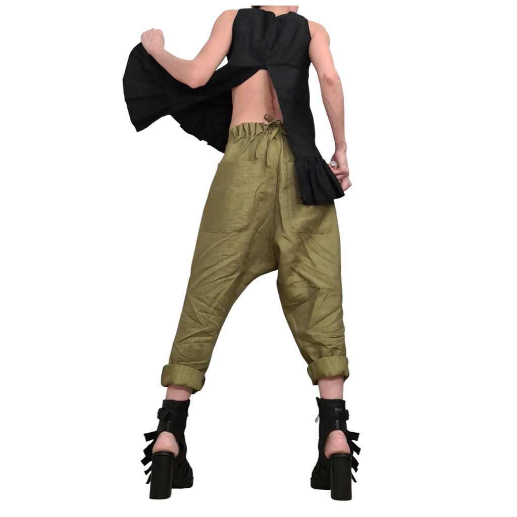 Military Green Linen Harem Pants, Wide Drop Crotch Trousers, Loose Summer Pants