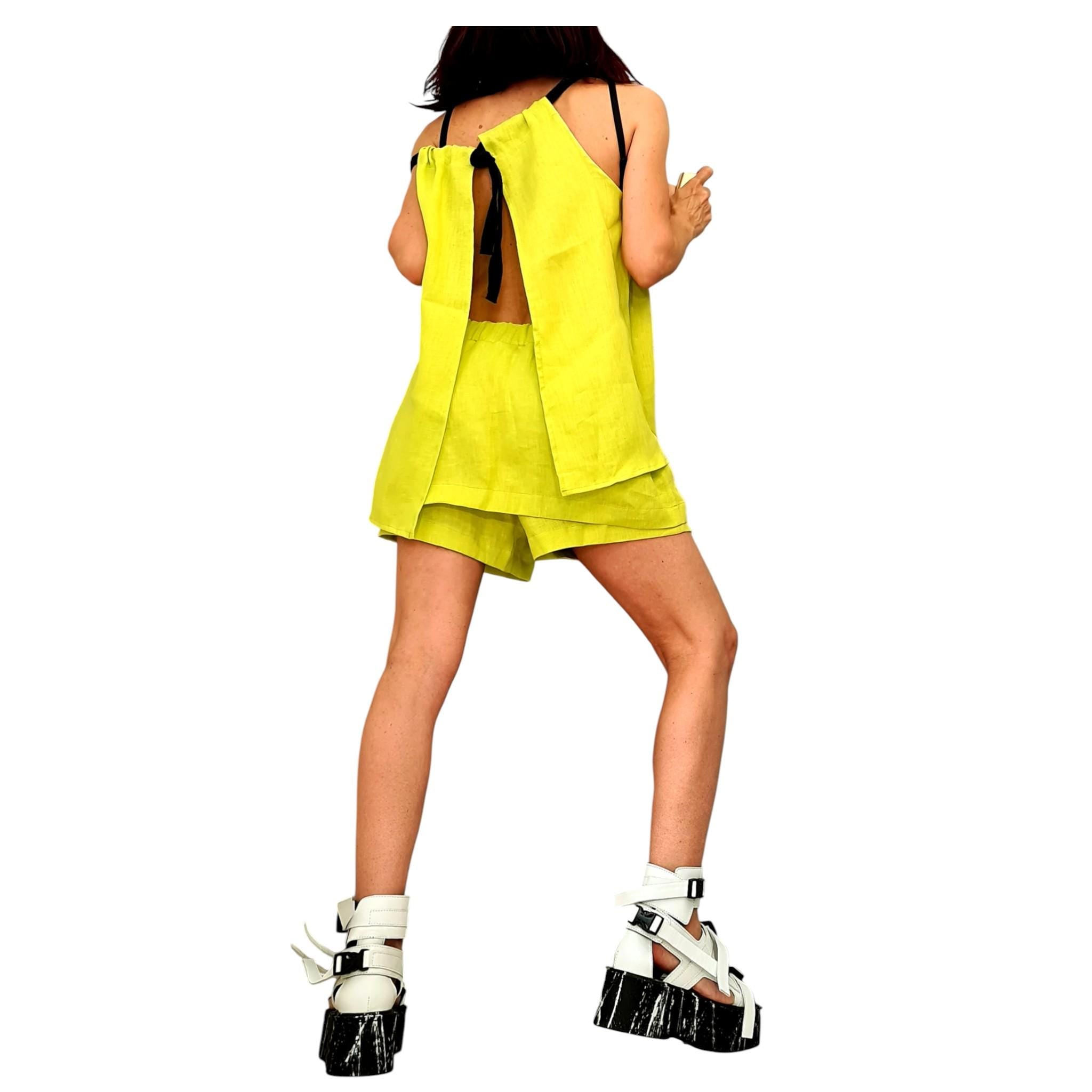 Yellow Linen Two Piece Set, Open Back Top, Layered Shorts, Summer Outfit for Women