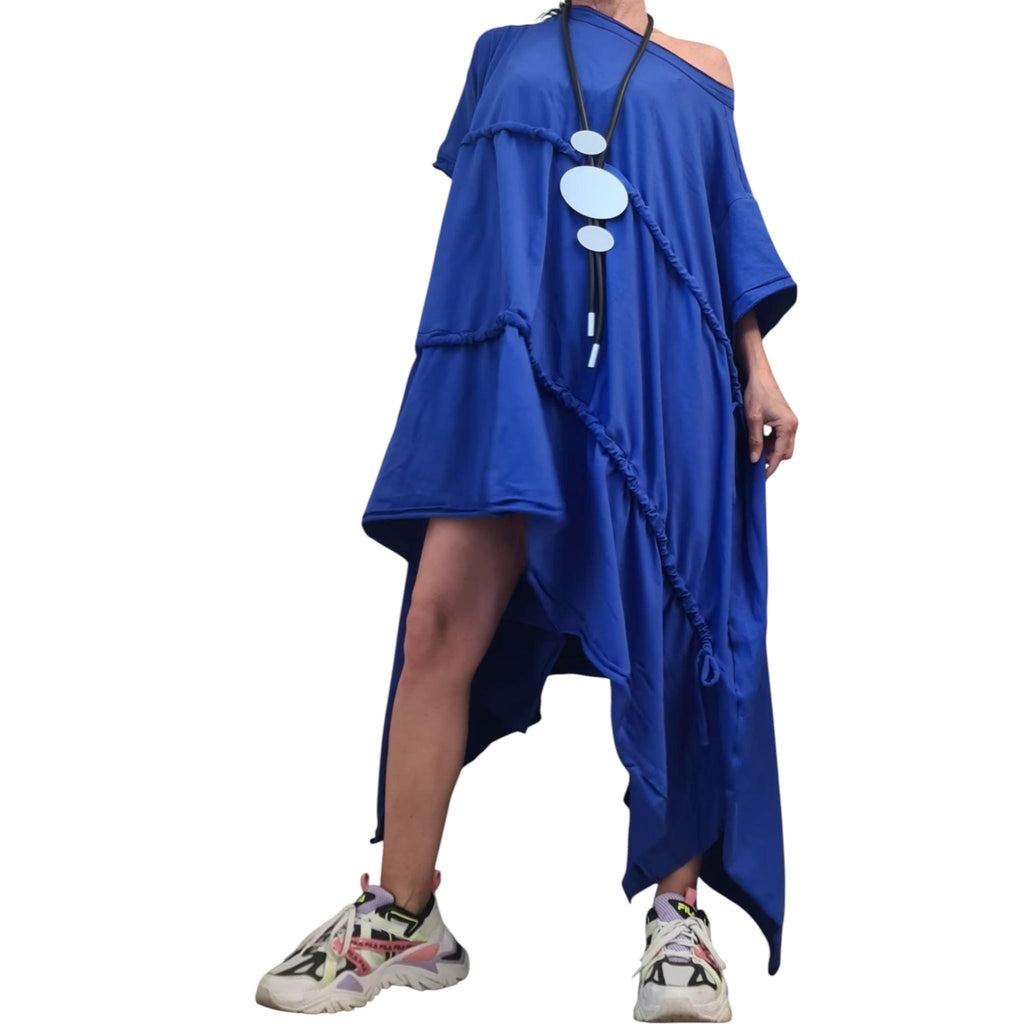 Royal Blue Asymmetrical Cotton Tunic, Loose Oversize Style, Plus Size Dress