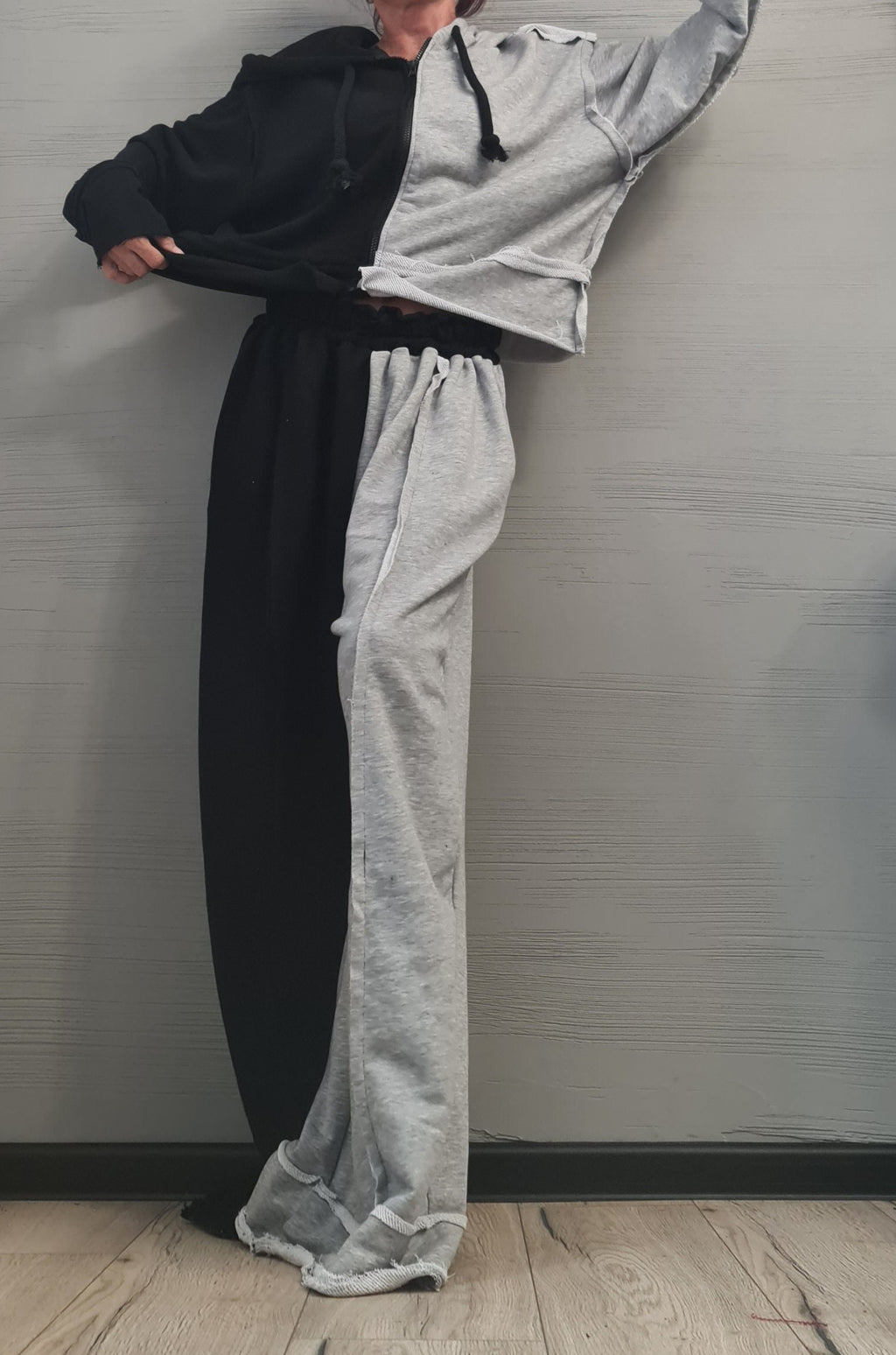 Two-Tone Cotton Women's Tracksuit Set, Loose Pants, Hooded Short Sweatshirt