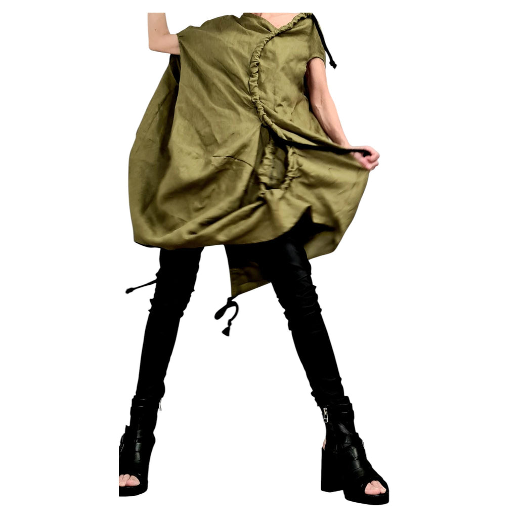Military Green Linen Tunic, Asymmetric Oversize Top, Adjustable Ruched Kaftan, Plus Size Clothing