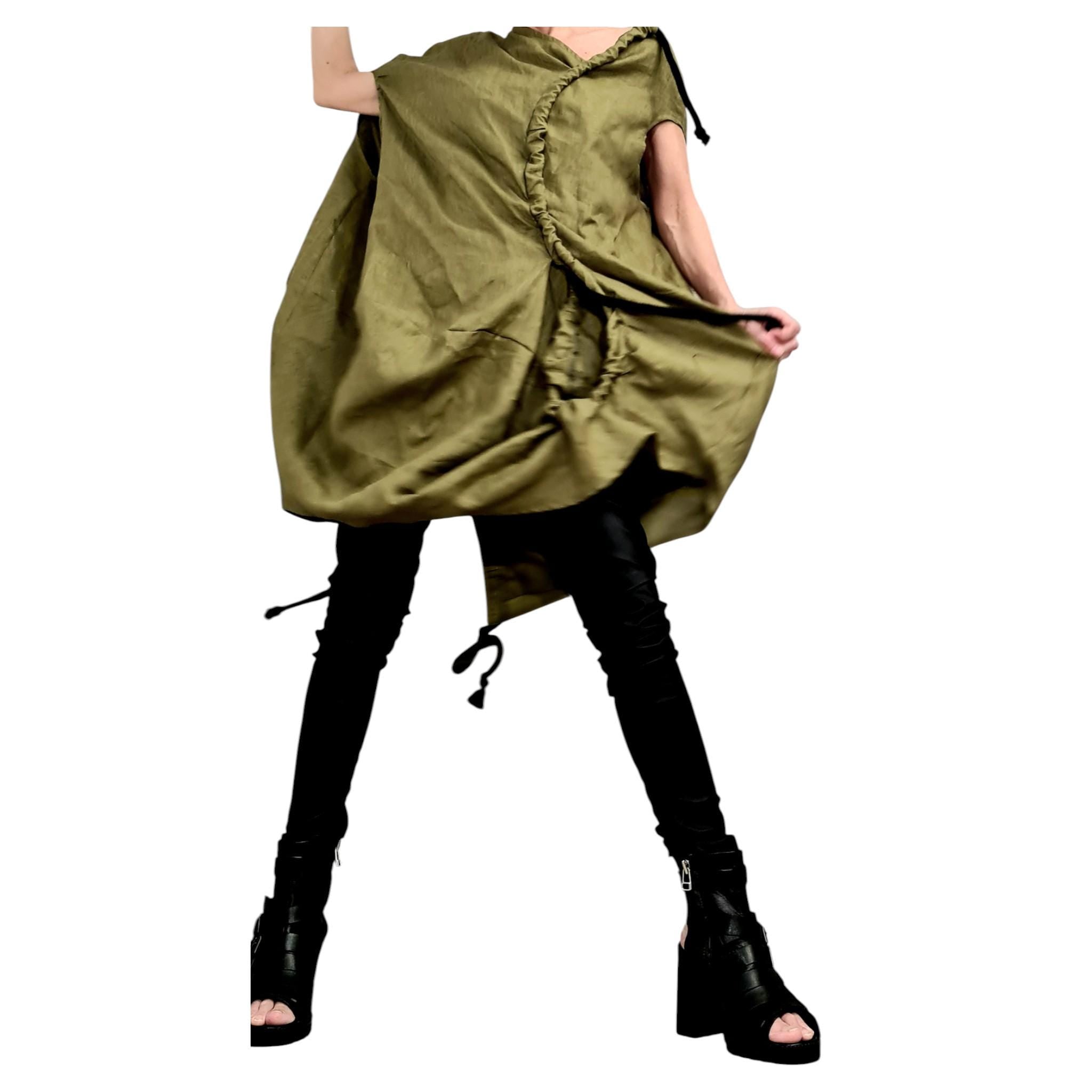 Military Green Linen Tunic, Asymmetric Oversize Top, Adjustable Ruched Kaftan, Plus Size Clothing