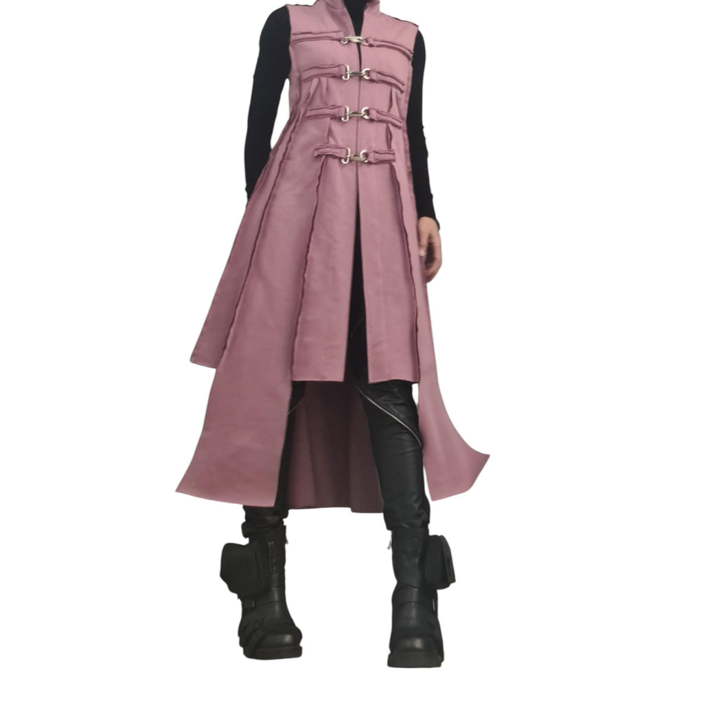 Dusty Pink Asymmetrical Maxi Vest, Sleeveless Layered Coat, Multiple Metal Buckle Closures