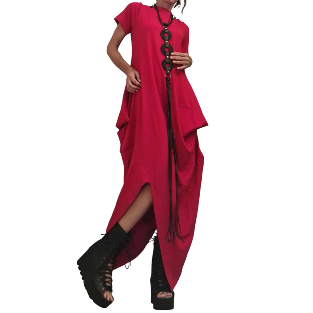 Red Asymmetric Cotton Maxi Dress, Oversized Kaftan, Avant Garde Loose Fit, Handmade Plus Size