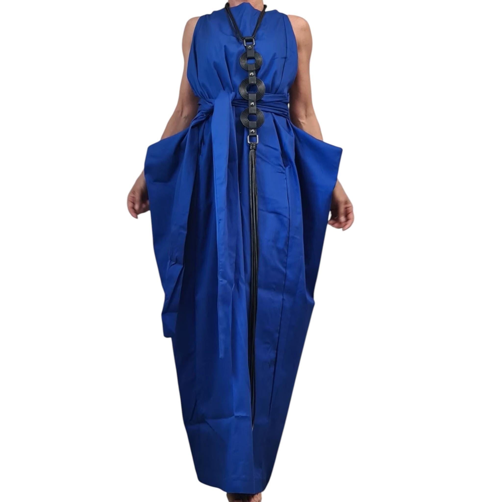 Royal Blue Open Back Maxi Dress, Sleeveless Loose Fit, Wide Silhouette, Adjustable Summer Design