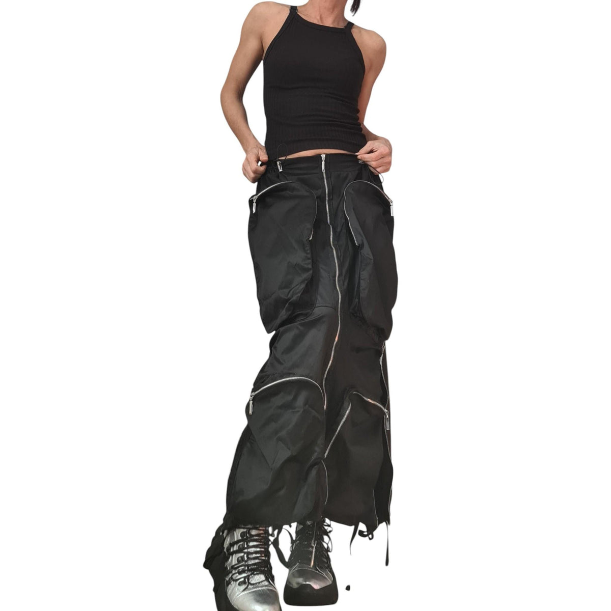 Black Cotton Satin Long Skirt | Deconstructed Cargo Pockets | Gothic Avant Garde Style