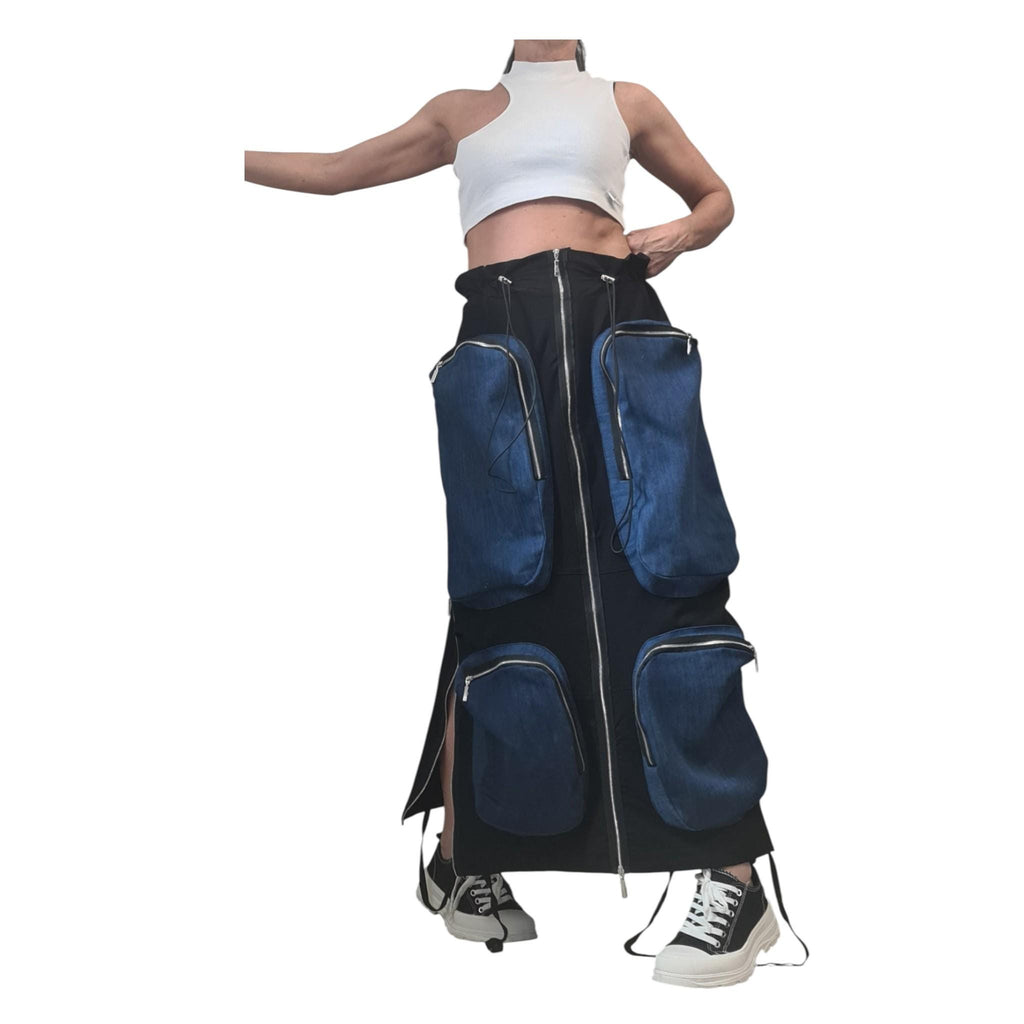 Black French Terry Maxi Skirt With Denim Cargo Pockets, Long Avant Garde Oversized Skirt