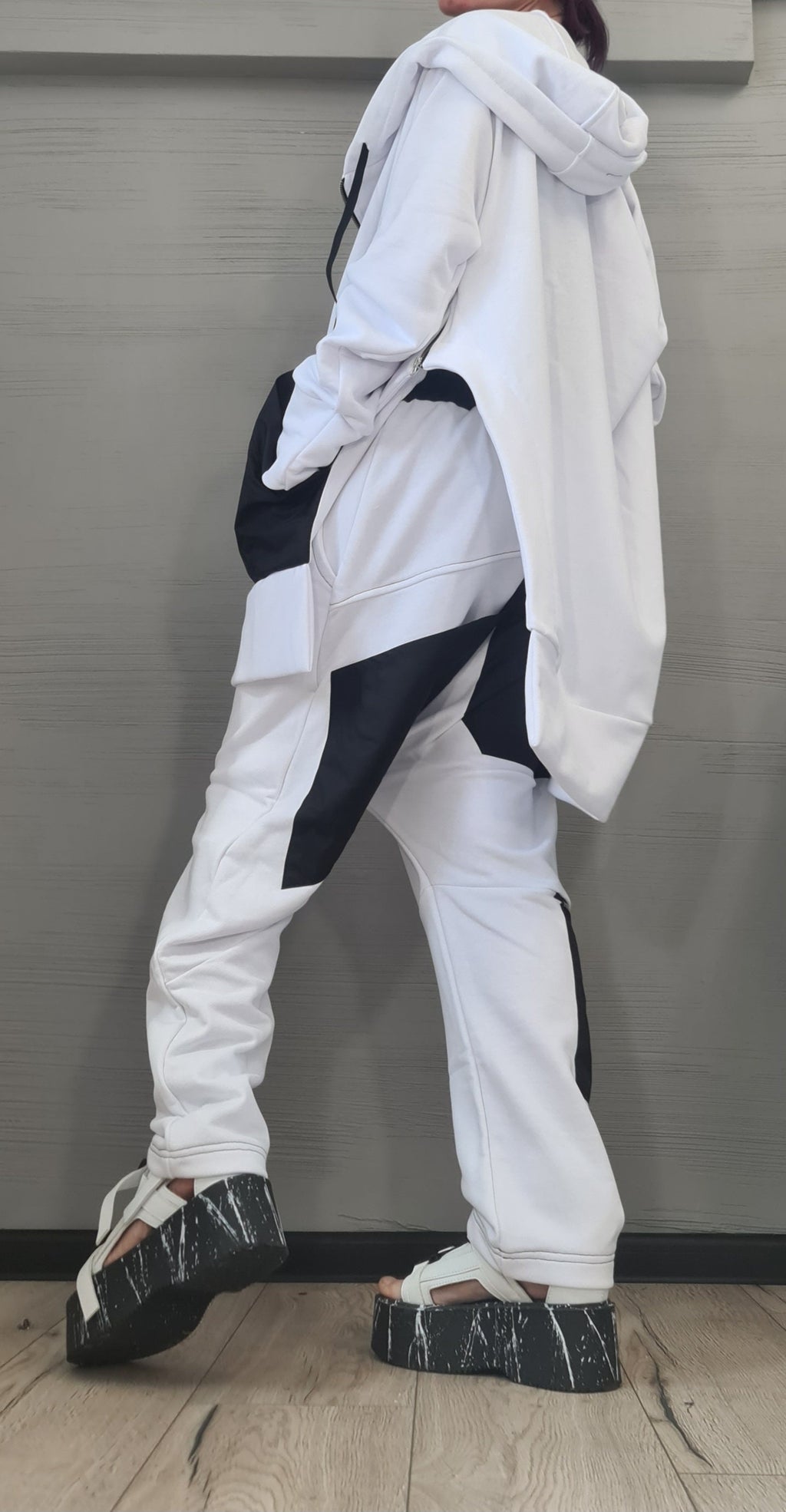 White Black Patchwork Harem Pants, Oversized Long Hooded Jacket, Contrast Panels, Two-Piece Co-Ord Set