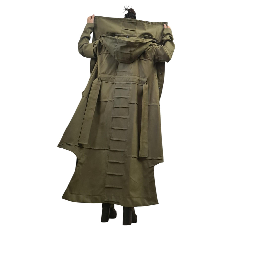 Military Green Denim Hooded Trench Coat, Asymmetrical Avant Garde Overcoat, Denim Outfit for Women