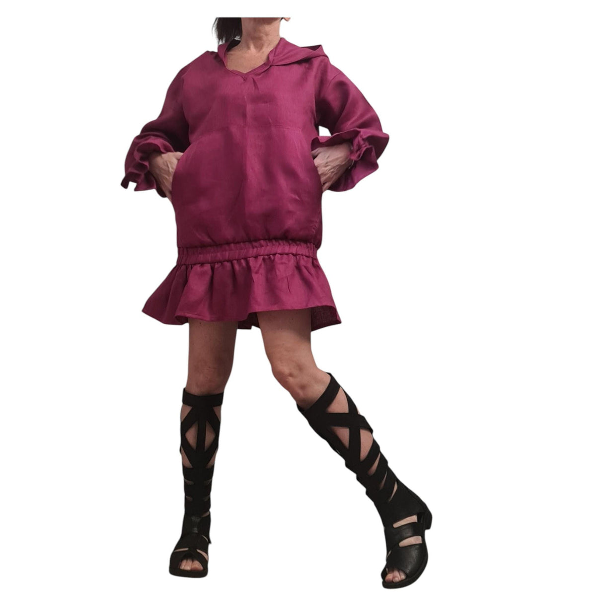 Linen Hooded Dress, Boho Summer Sundress Magenta, Midi Dress with Pockets, V-neck